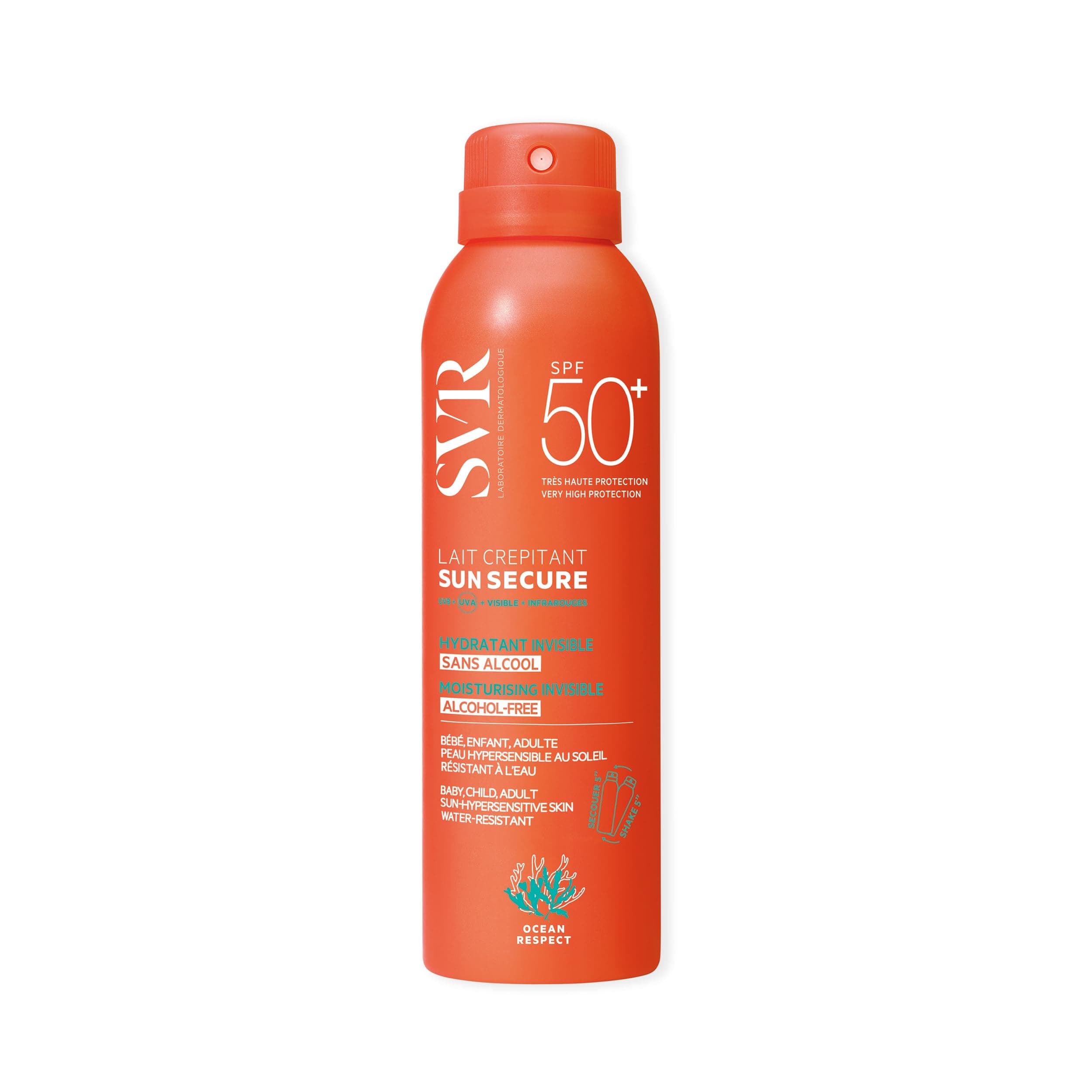 SUN SECURE Face and Body Fizzy Milk Sunscreen SPF 50+ for Hypersensitive Skin, Very High UVA/UVB, Invisible, Water-Resistant, Biodegradable, Reef-Safe, All Ages, 200ml