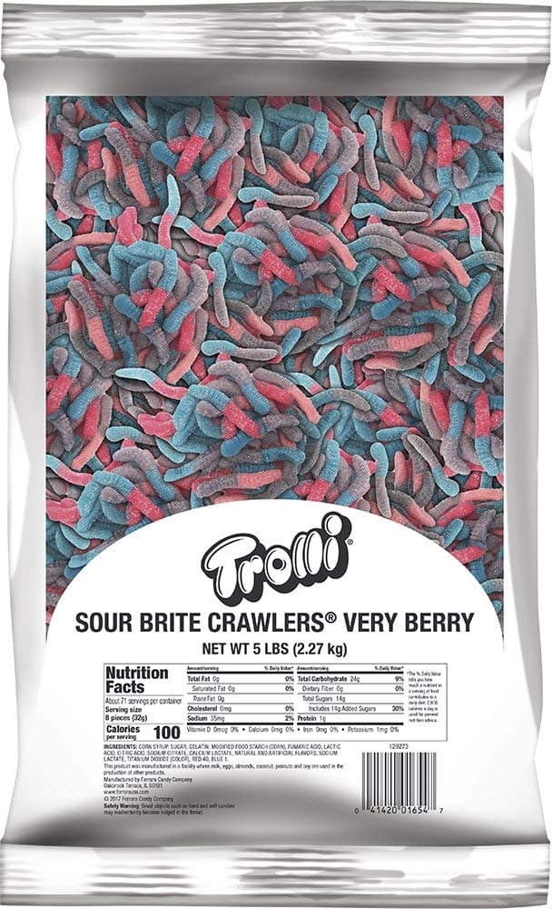 Sour Brite Crawlers, Very Berry, Sour Gummy Worm Candy, 5 Pound Bulk Bag
