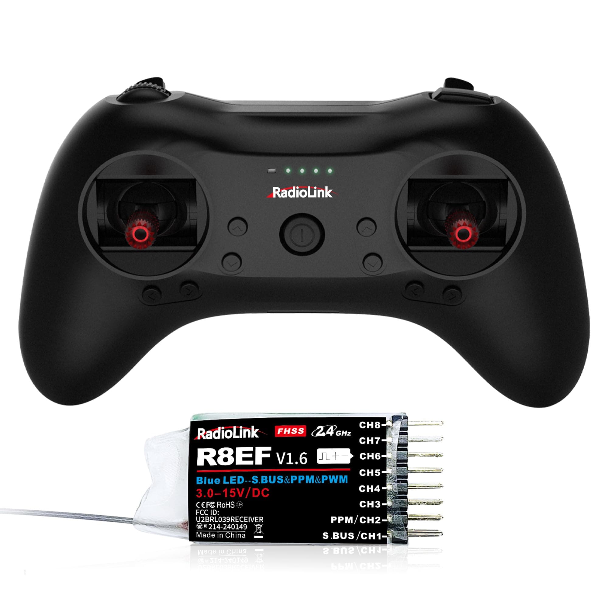 T8S 8 Channels 2.4GHz RC Transmitter and Receiver R8EF RX, Remote and Controller Built-in Rechargeable Battery for Quad/Airplane/Car/Boat and More (Mode 2 Left Hand)