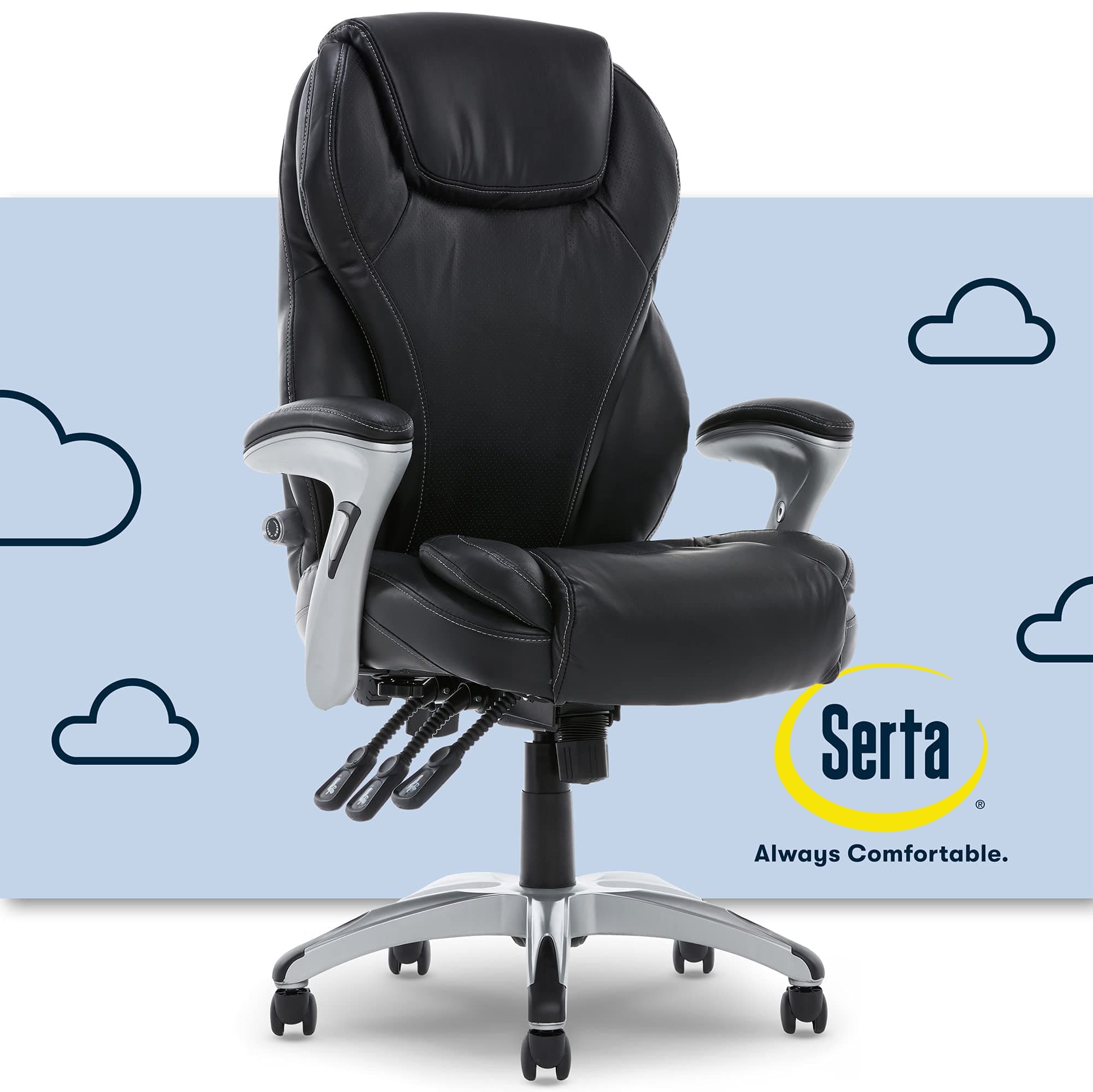 SertaErgonomic Leather Computer Chair with Layered Memory Foam, Contoured Lumbar, Pillowed Headrest Executive Adjustable Office, Black