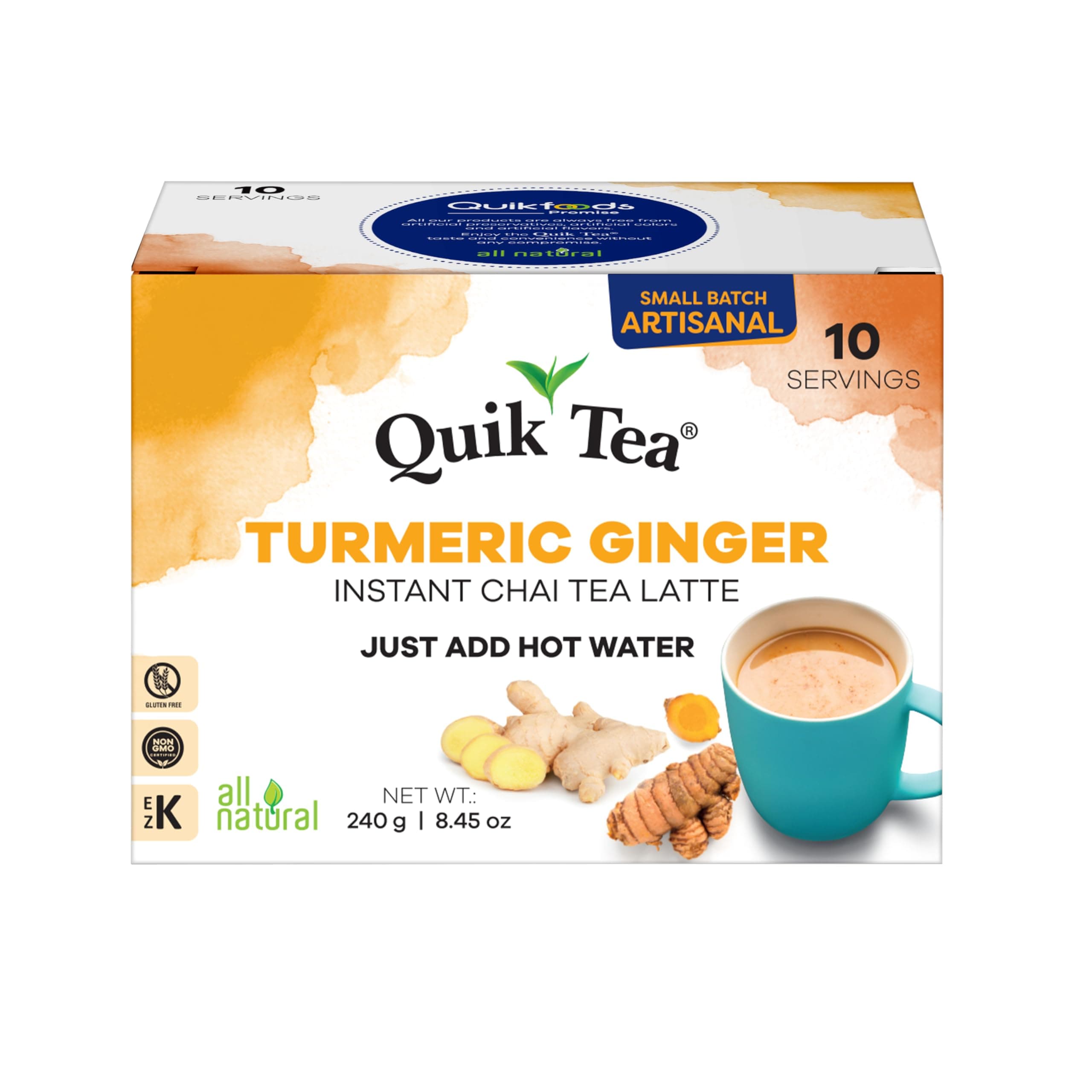 QuikTea Instant Turmeric Ginger Chai Tea Latte – 10 Count, earthy turmeric glow with zesty ginger warmth, low Caffeine, No artificial colors, flavors or preservatives – Just Add Hot Water, Kosher