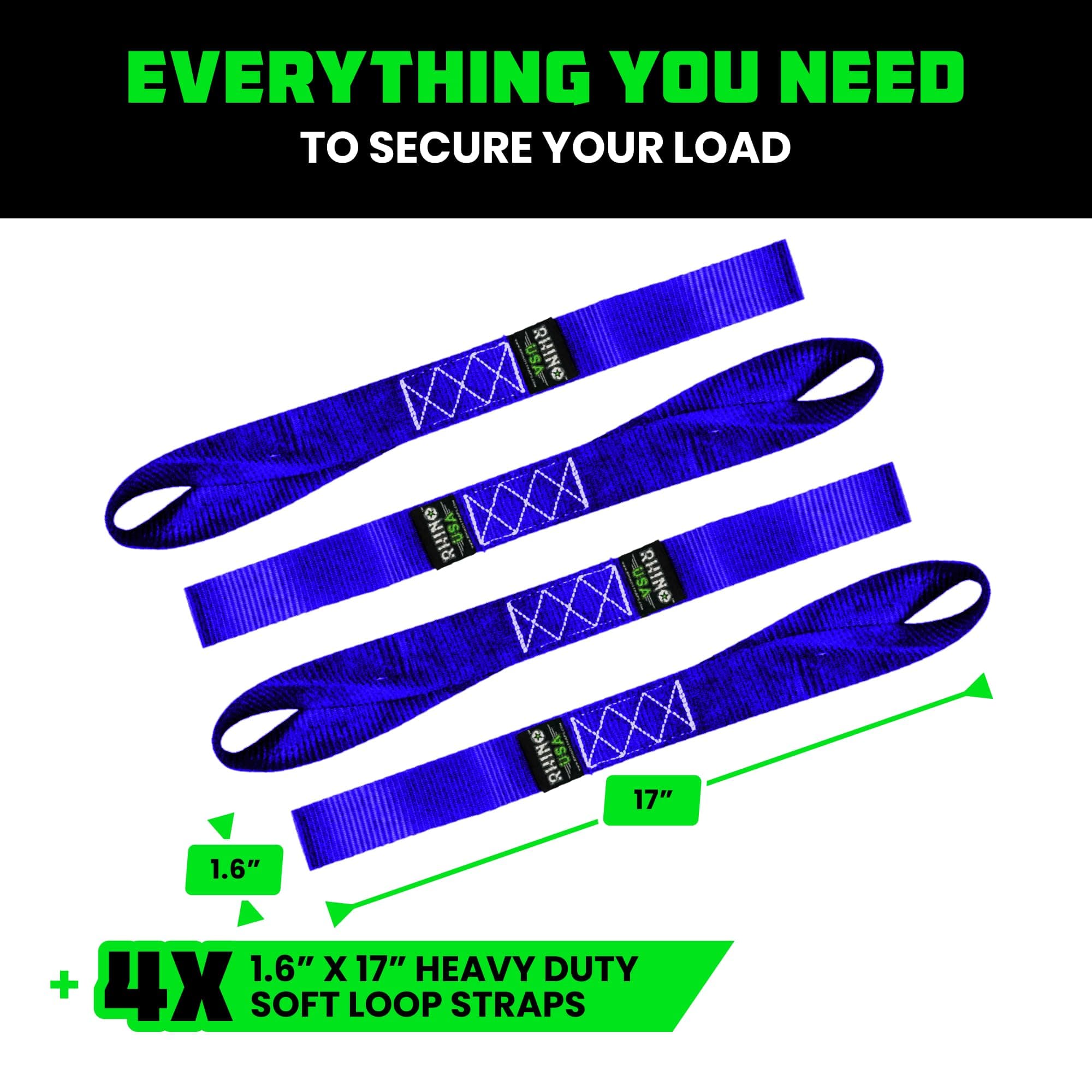 Rhino USA ソフトループ バイク固定用ストラップ（4本）－最大破断強度10,427ポンド 1.7インチ X 17インチ しっかりと固定 ラチェットストラップと使用 – バイク カヤック ジープ ATVを安全に搬送 ブルー SOFT4PACK-BLU