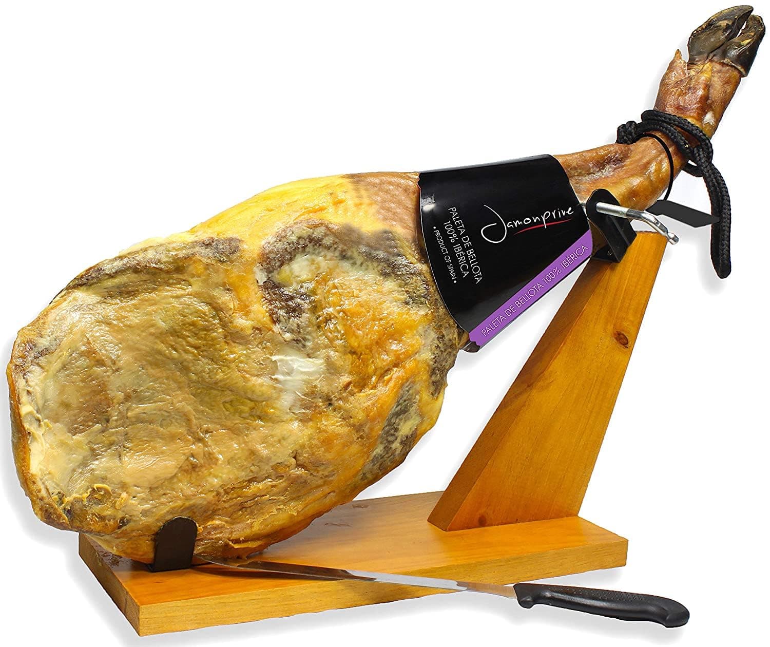 Iberico Ham Acorn-fed Bellota 100% Pure Breed (shoulder) Bone in from Spain - Jamon 100% Iberico de Bellota Pata Negra (Paleta Iberica) - Gluten Free (Ham stand & Knife included)