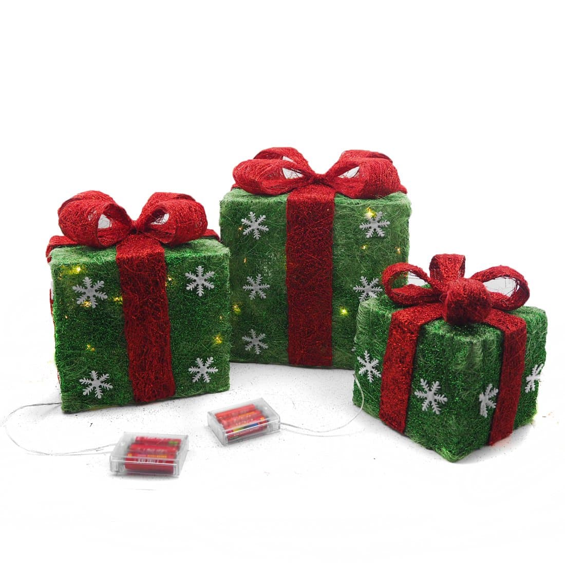 Emlyn Hand-made Sparking LED Christmas Gift Boxes Decoration, Lighted Present Boxes Holiday Christmas Green Sisal Rattan Yard Art Decoration ,Set of 3