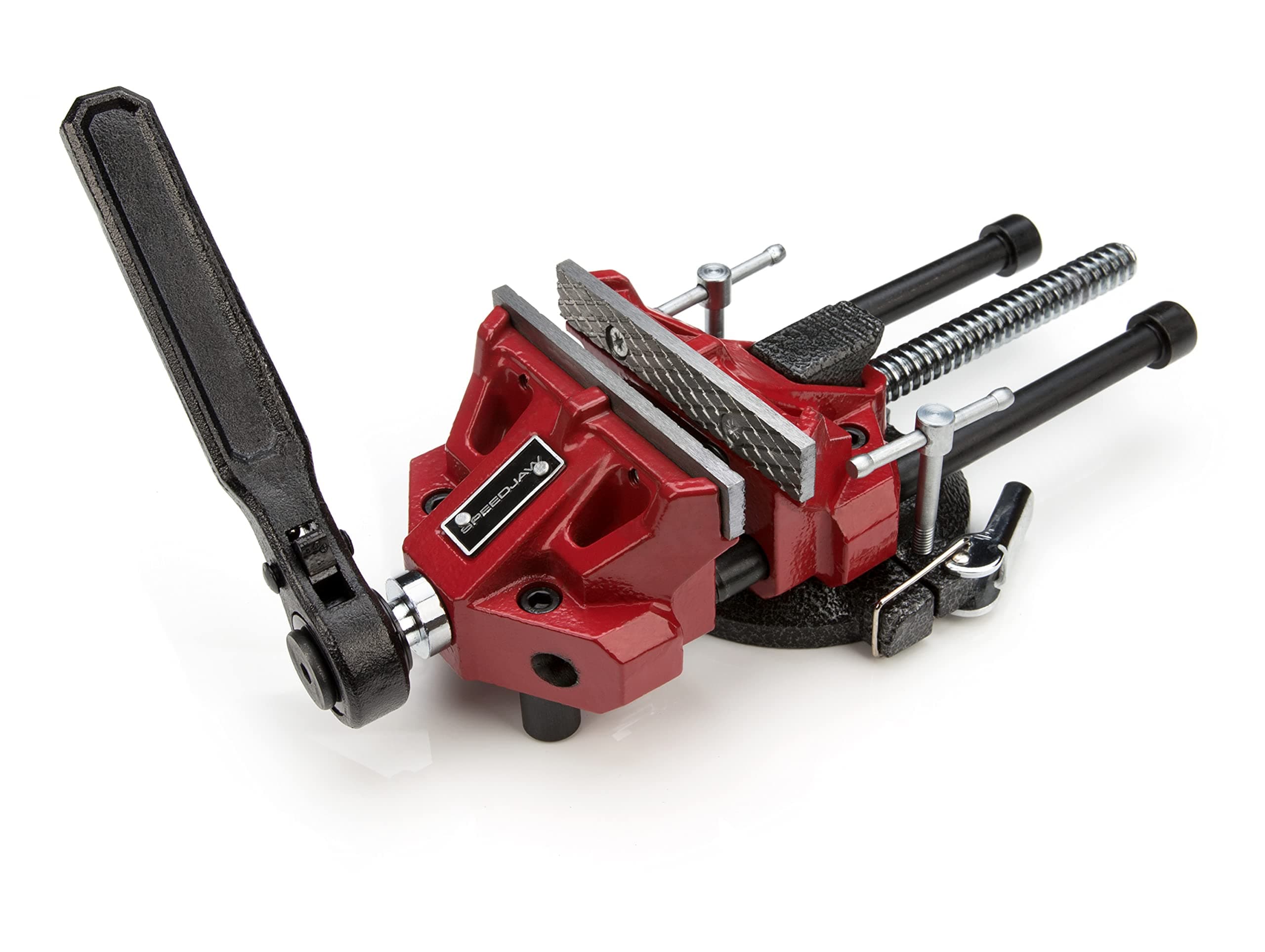 SPEEDJAW 4-Inch Low-Profile Bench Vise, Ratcheting Handle, Detachable Posi-clock Base Mount, Durable Steel Jaws
