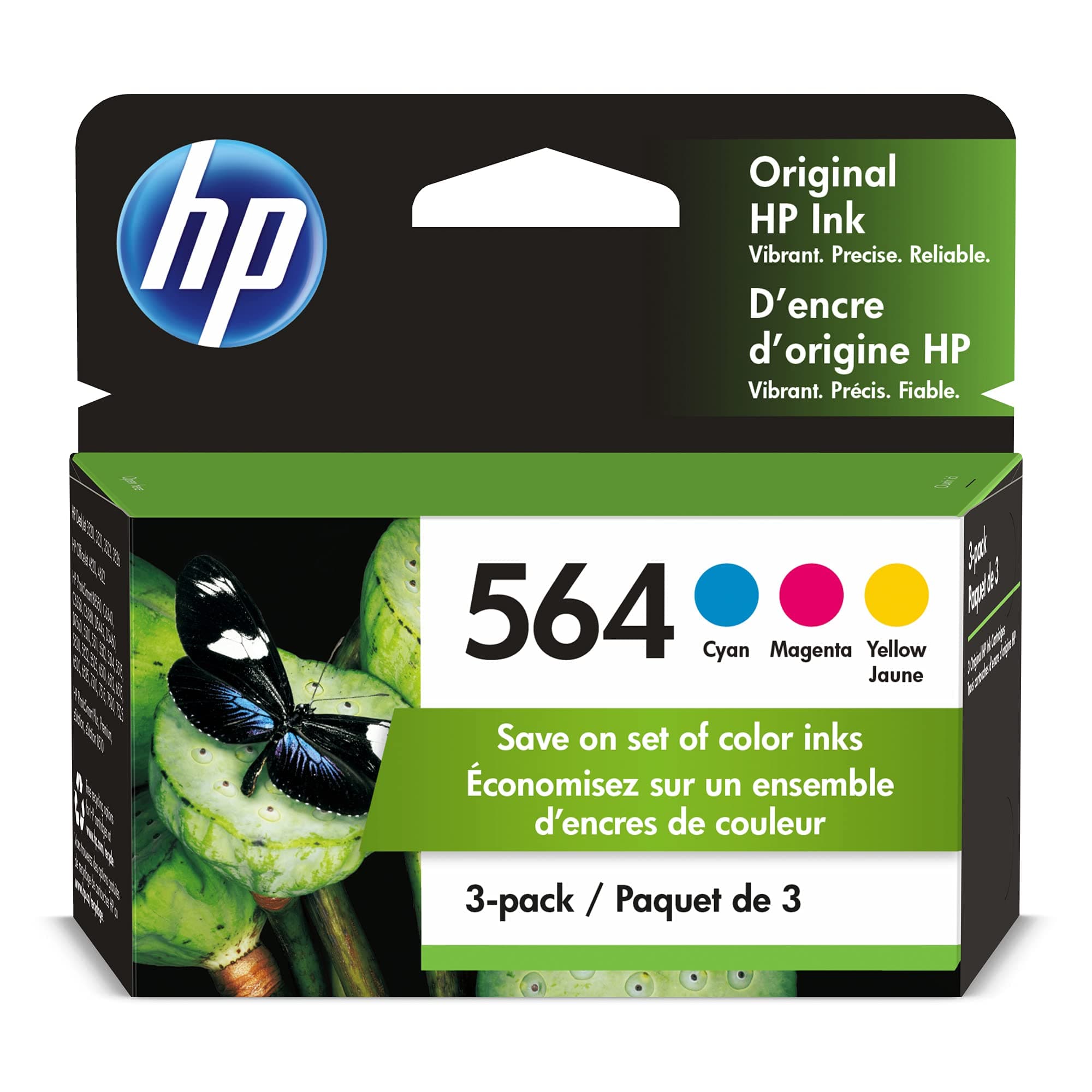 564 Cyan, Magenta, Yellow Ink Cartridges (3-Pack) | Works with DeskJet 3500; OfficeJet 4620; PhotoSmart B8550, C6300, D5400, D7560, 5500, 6510, 6520, 7500, Plus | N9H57FN