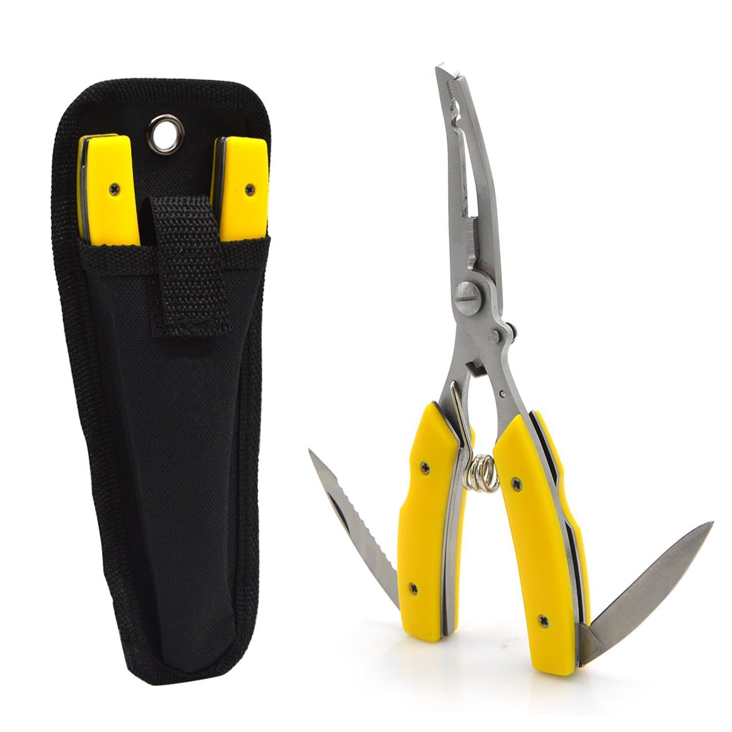 ESOW Fishing Pliers Saltwater 5 in 1 Multi Tool Curved Nose Scissors Fishing Line Cutters Braid Cutters Hook Removers with 2 Sharp Blades with Nylon Sheath Stainless Steel Anti Corrosion,Yellow