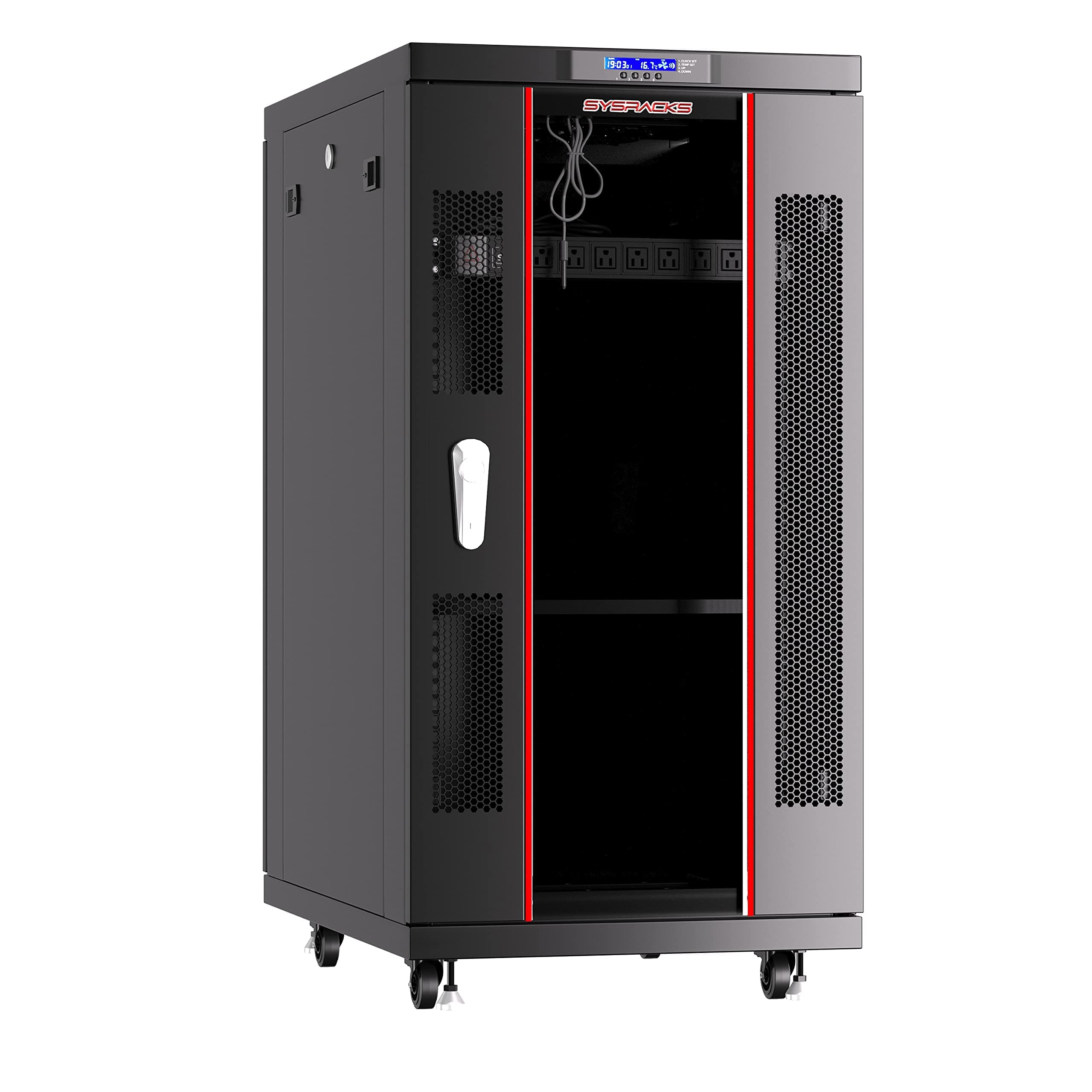 Sysracks Server Rack - Locking Cabinet - Network Rack Cabinet Enclosure - 22U - Rack Mount - 32 Inch Deep - Server Cabinet - on Casters - Rack Shelf - Cooling Fan - Thermostat - SRF