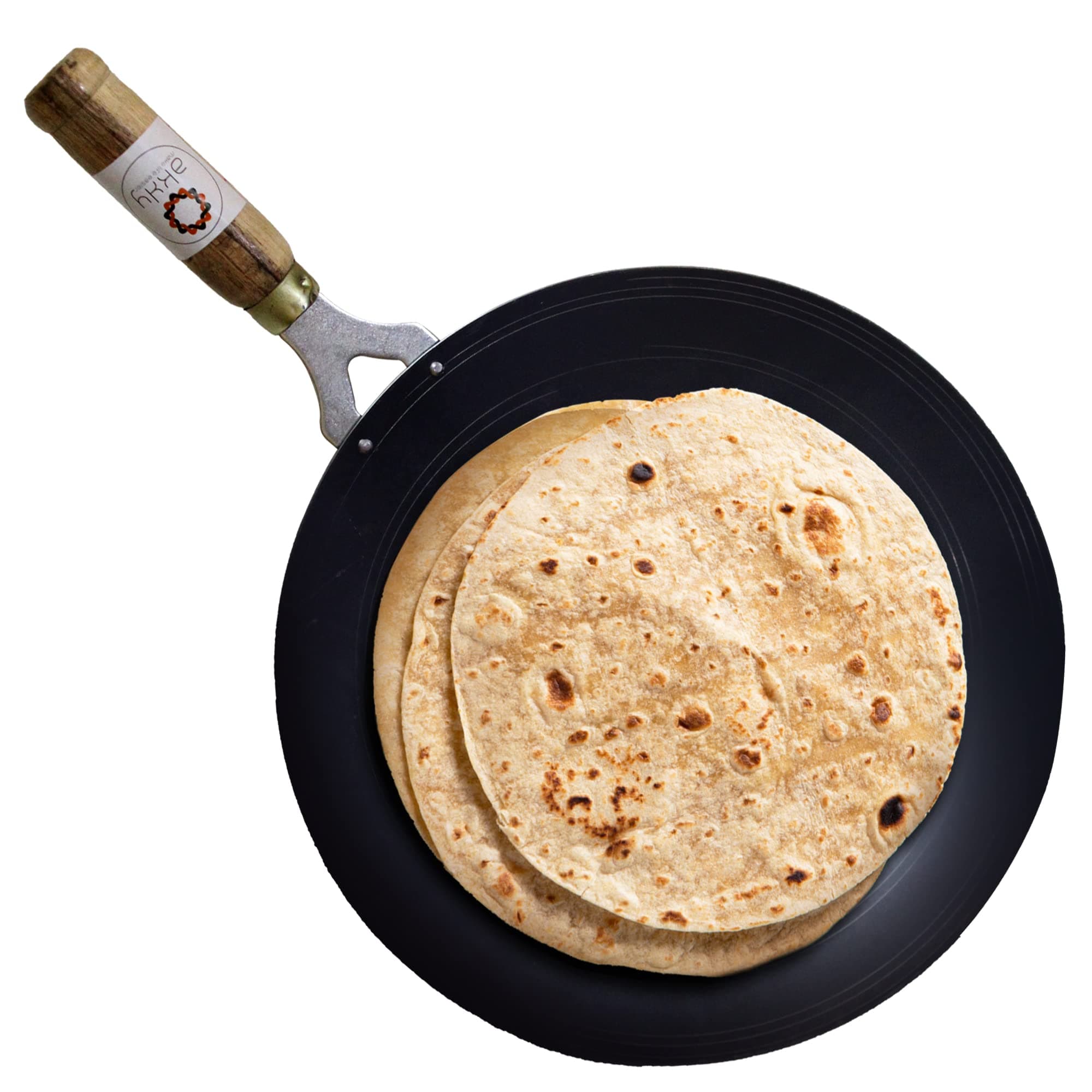 Akky Pre Seasoned Natural Cookware Concave Iron Tawa with Wooden Handle for Paratha/Roti/Chapati (Big Size) - (Product Thickness: 1.88 mm, Dimension: 28cm)