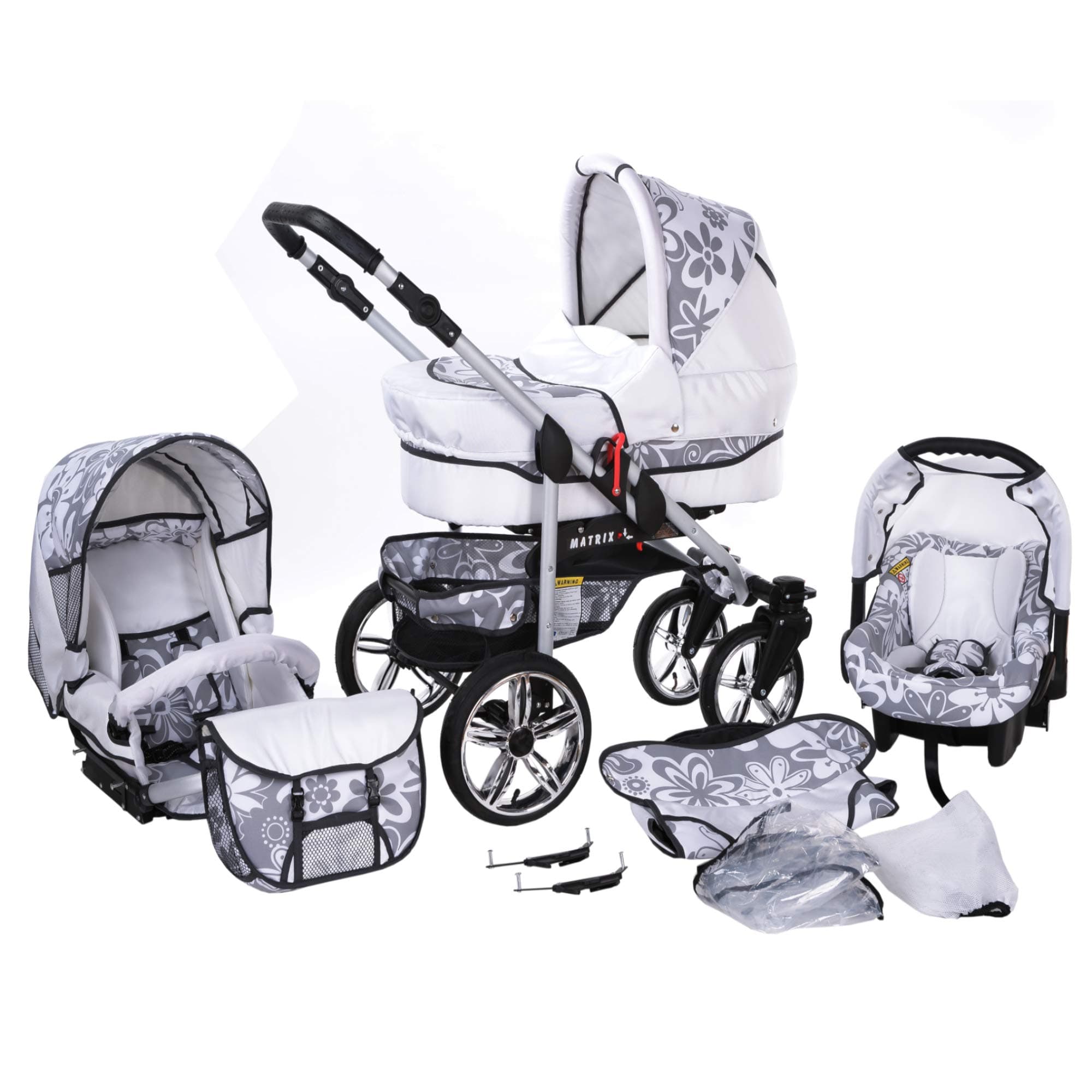 Travel System Stroller Pram Pushchair 2in1 3in1 Set Isofix X-Car by SaintBaby White & Graphite Flowers 2in1 Without Baby seat