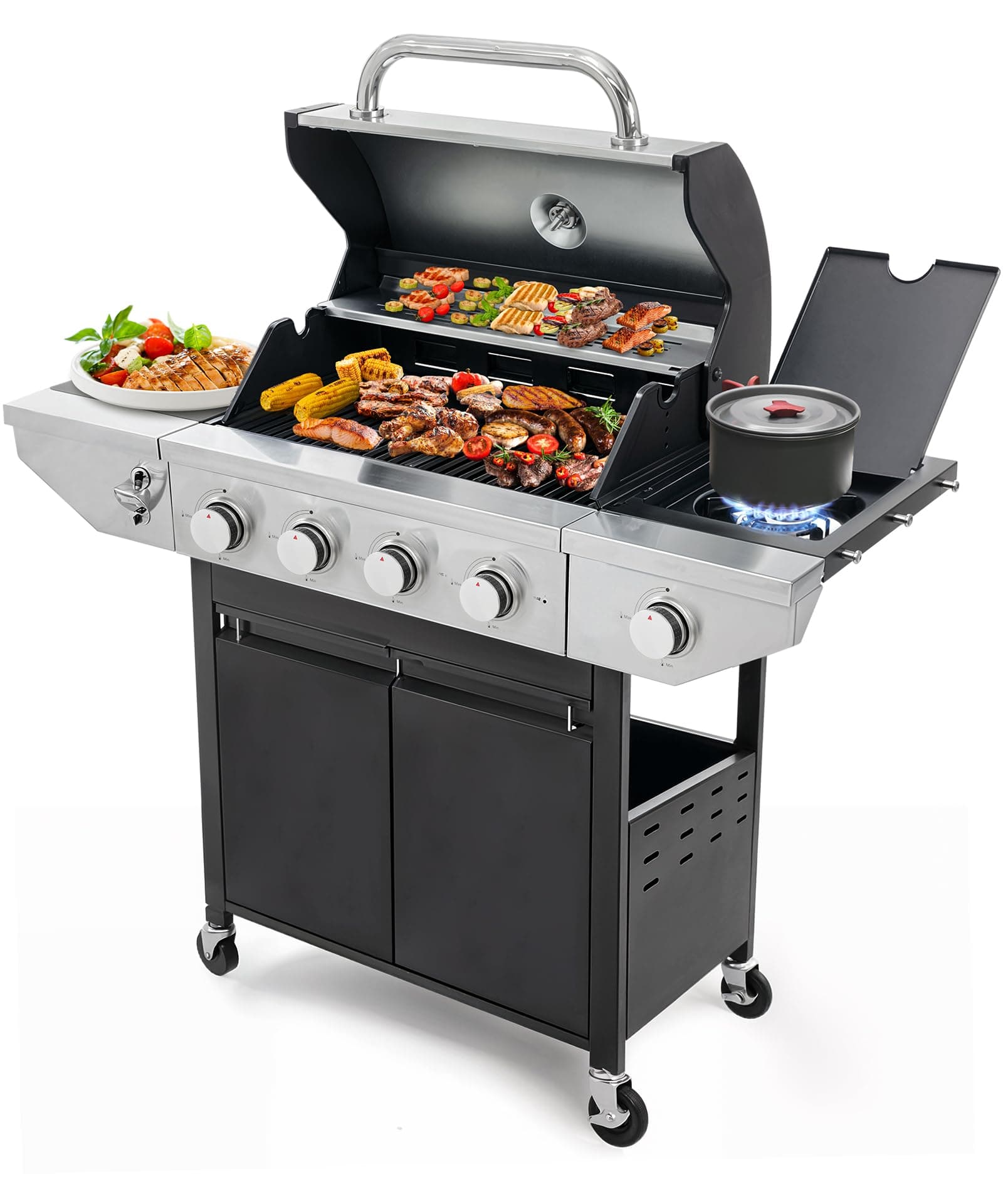 4 Burner Propane Gas Grill with Side Burner, Stainless Steel BBQ Grill 48,500 BTU for Outdoor Cooking Kitchen, Garden and Patio Backyard Barbecue, Dark Black and Silver
