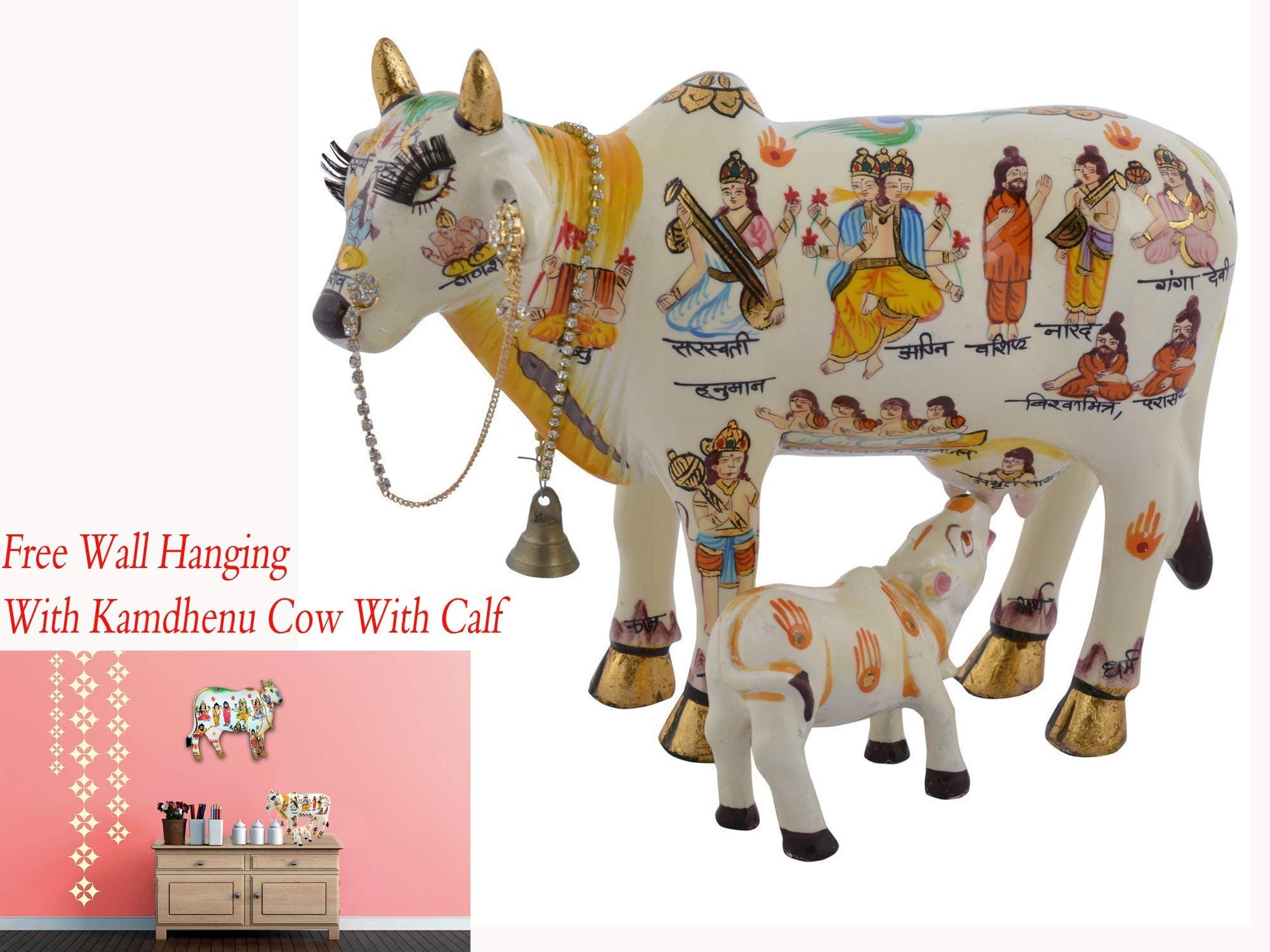 Shiva Arts Kamdhenu Cow with Calf Resin Marble Like Statue (19cmx12cmx15cm) with Free KAMDHENU Cow Wall Hanging