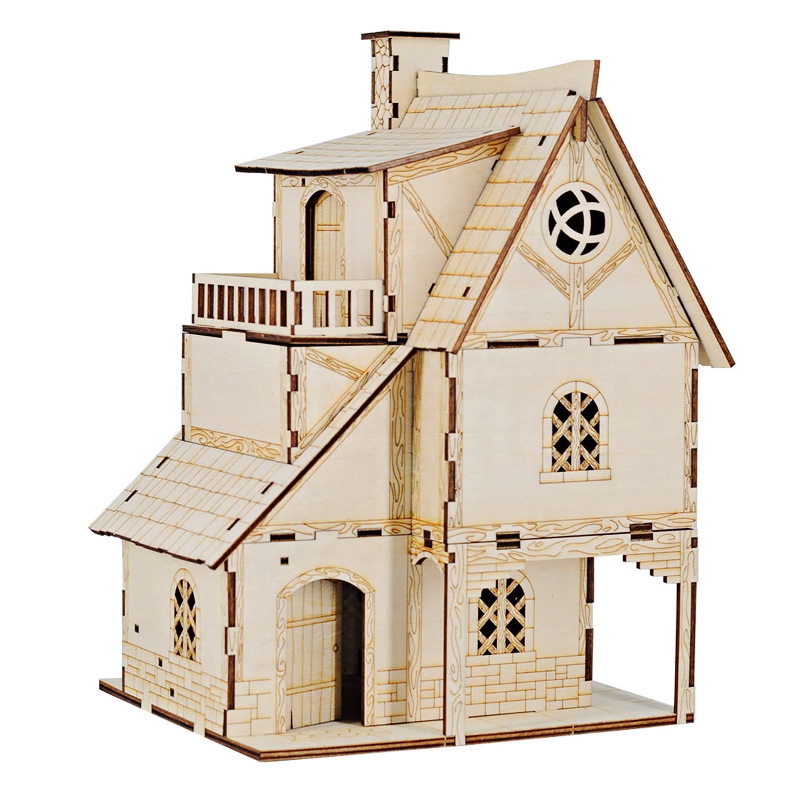 DND Medieval Three Story House with Balcony Wood Tabletop Terrain Fantasy Village Scatter for Dungeons and Dragons, Warhammer and Wargaming RPG Games
