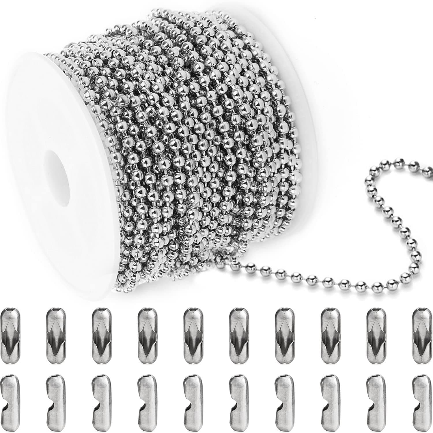 Jishi Steel Ball Chain Bead Dog Tag Chain Beaded Necklace Chains for Jewelry Making Bracelet Military Crafts, Silver Metal Pull Chain Small Ball Bead Chain Roll w/20 Connectors (Silver, 33ft 3.0mm)
