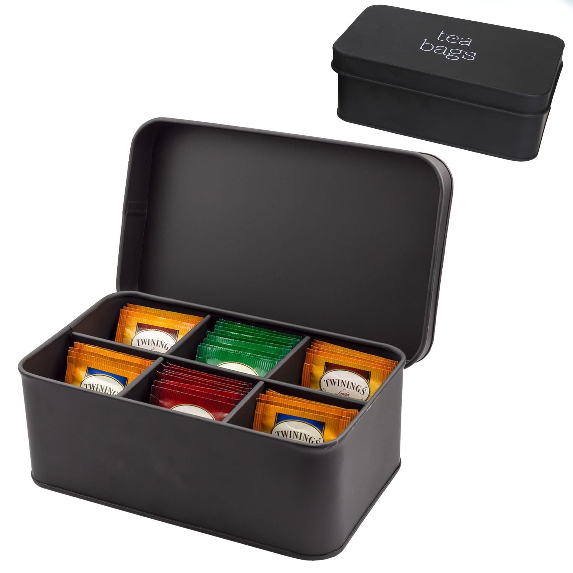 AuldHome Design Enamelware Tea Bag Box (Black), Classic Sleek Style Tea Storage Tin