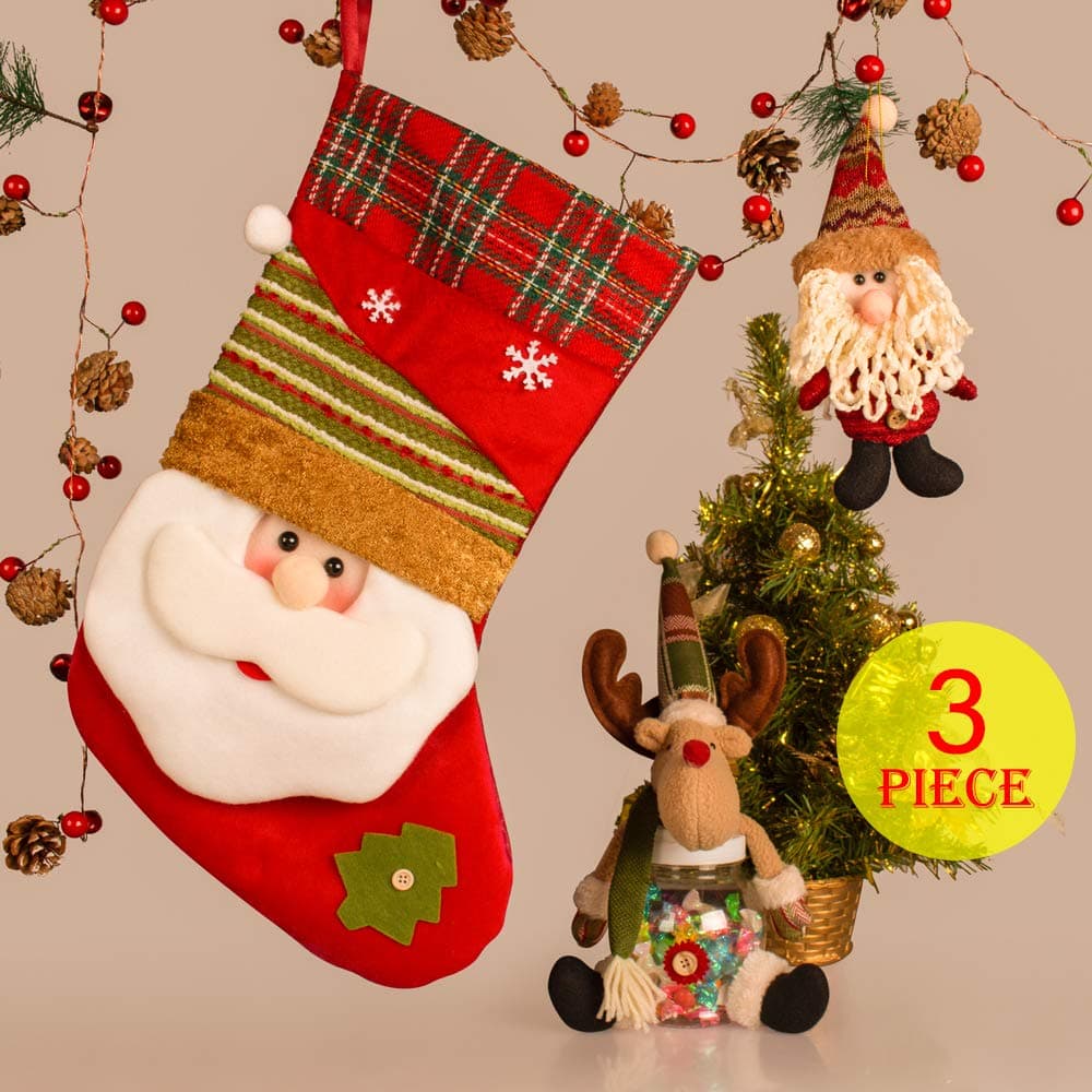 Christmas Decorations Xmas Decoration Novelty Decoration Christmas Ornaments Set of 3pcs with Christmas Stockings, Candy Jar with Elk Doll, Santa Claus Pendant