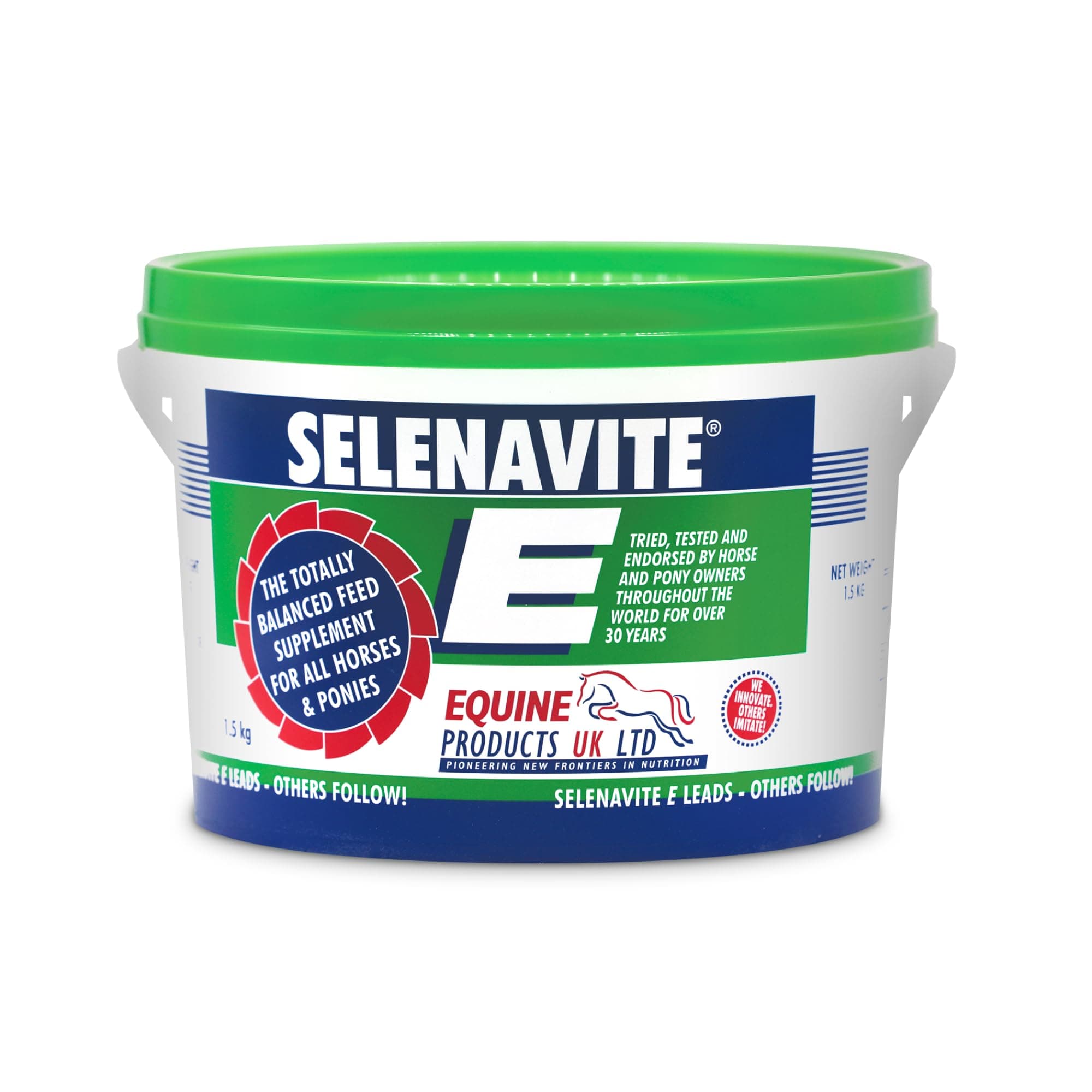 Equine Products Selenavite E: The ultimate feed balancer. High concentration vitamin & trace element supplement high in vitamin E. 1.5kg