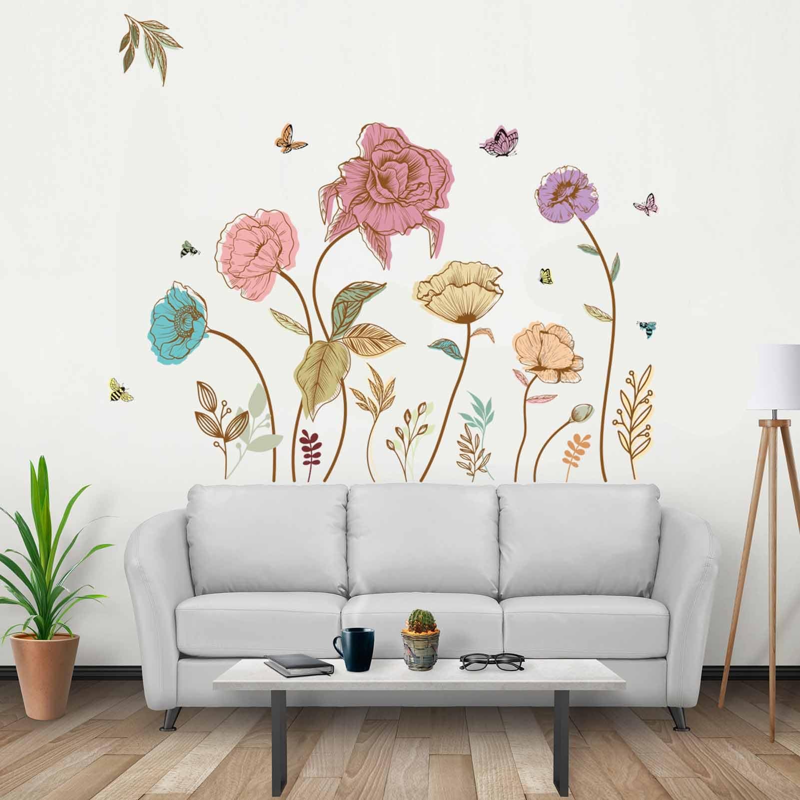 PinkEleph® Watercolor Flower Wall Decals - Colorful Wildflower Floral Wall Stickers - Living Room Bedroom TV Sofa Background Family - Peel and Stick Wall Decal
