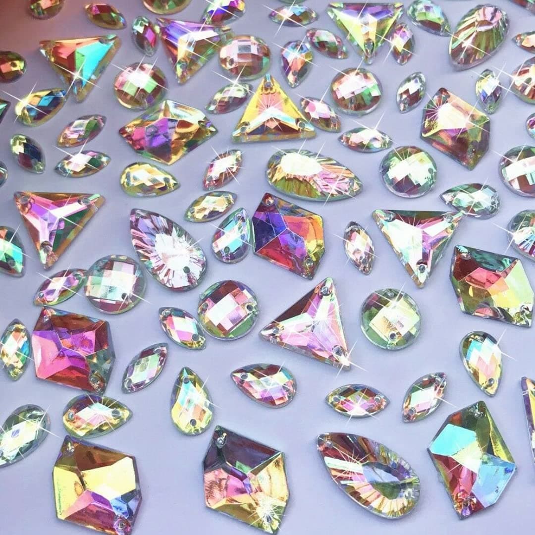 50x Sparkly Mix Flat Back Rhinestone Teardrop Large AB Bead Diamante Gem Crystal Teardrop Pear round rhinestones Big AB Iridescent Sewing 2 Hole sew 8mm 10mm 14mm 16mm 18mm 20mm 22mm Jewel Silver Back