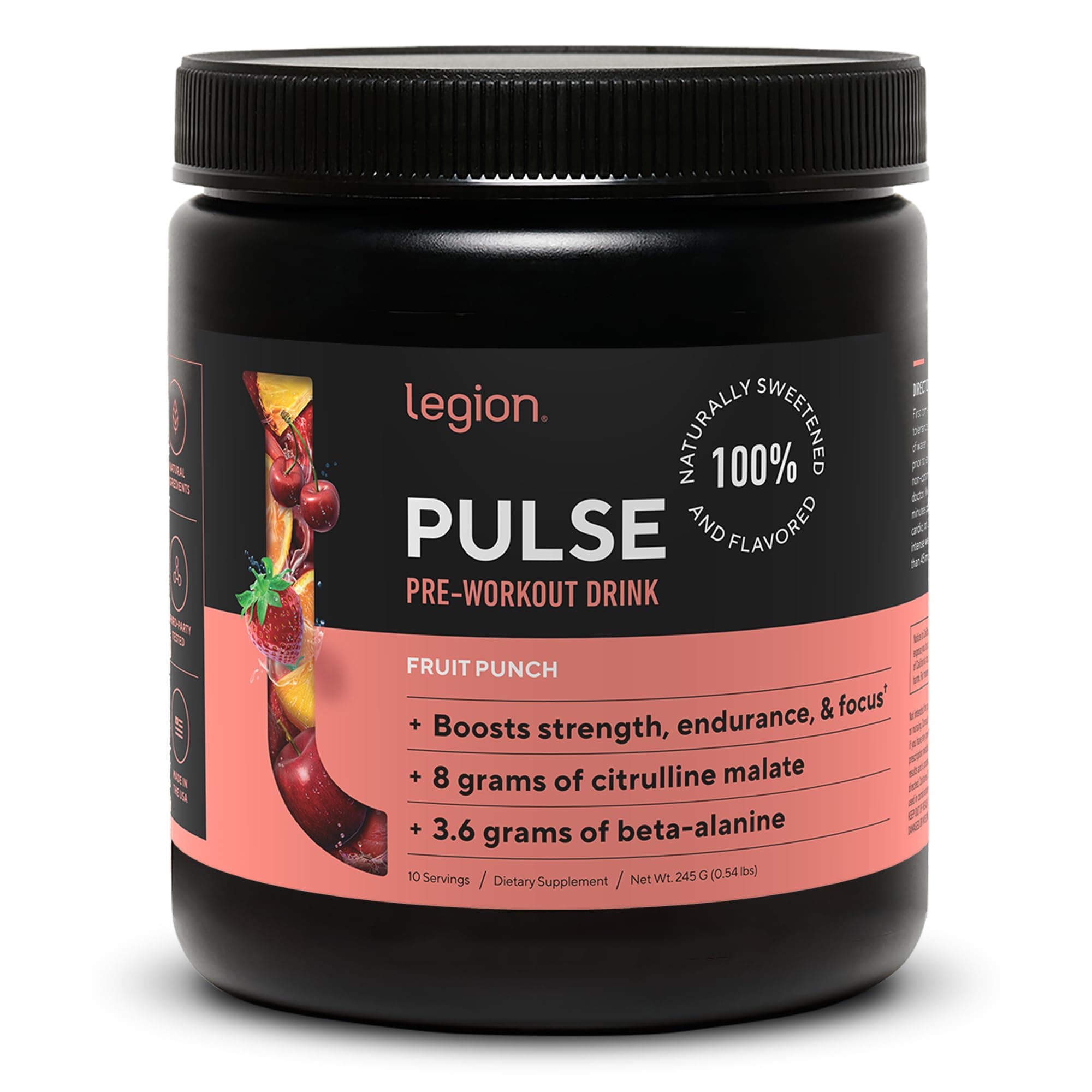 LEGION- All Natural Nitric Oxide Preworkout Drink to Boost Energy, Creatine Free, Naturally Sweetened, Beta Alanine, Citrulline, Alpha GPC (Fruit Punch 10 Servings)