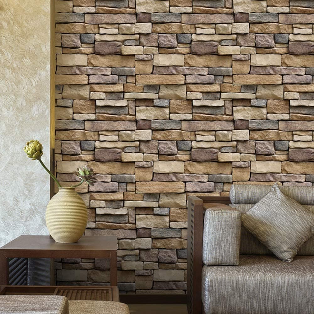 Stone Peel and Stick Wallpaper - Self Adhesive Wallpaper - Easily Removable Wallpaper - Brick Peel and Stick Wallpaper – Wall Paper, Contact Paper, or Shelf Paper(Brown 17.7” Wide x 393.7” Long)