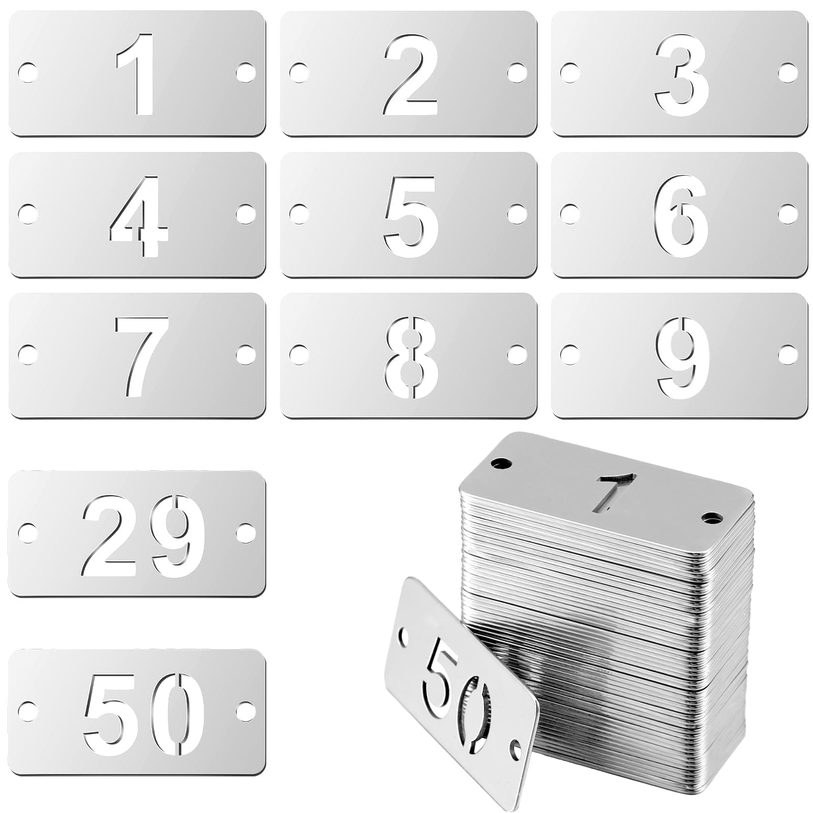 TERRIFI Metal Numbered Tags, Stainless Steel Number ID Key Tags with Holes, Numbered Key Rings Chain, Durable Rectangle Tags for Easy Identification, Set of 50 Pcs (Numbers 1-50)