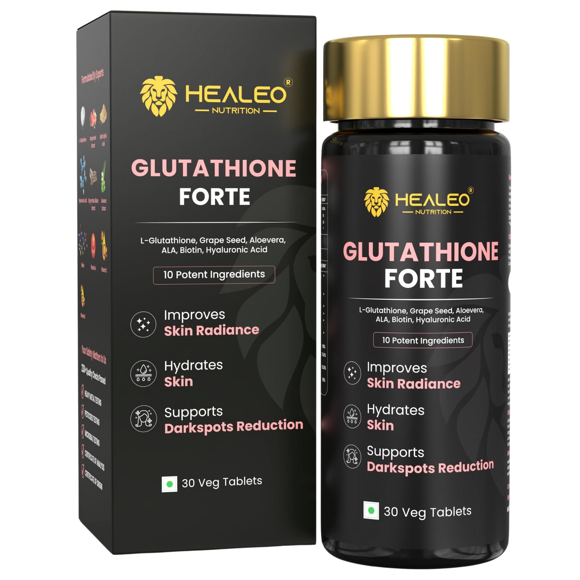 Glutathione Forte 1200Mg with Glutathione Hyaluronic Acid Ala Vitamin C Aloe Vera for Glowing Skin Acne Scar & Dark Spot Removal Supplement Lab Tested 30 Veg Tablets