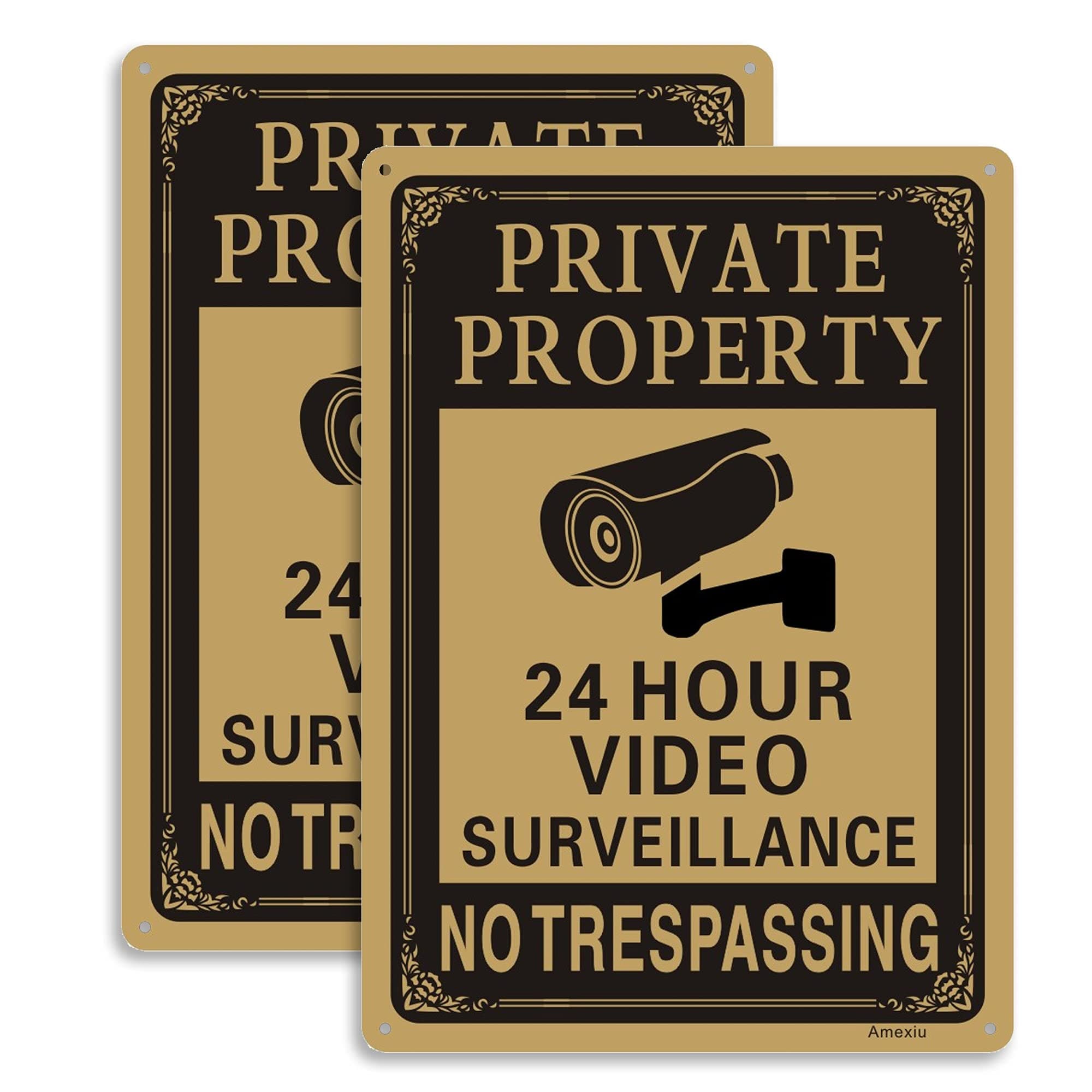 Amexiu Private Property No Trespassing 24 Hours CCTV Camera Video Surveillance Warning Sign | 10" x 7" Rust Free Aluminum Easy Mounting Fade Resistance, 2 Pack