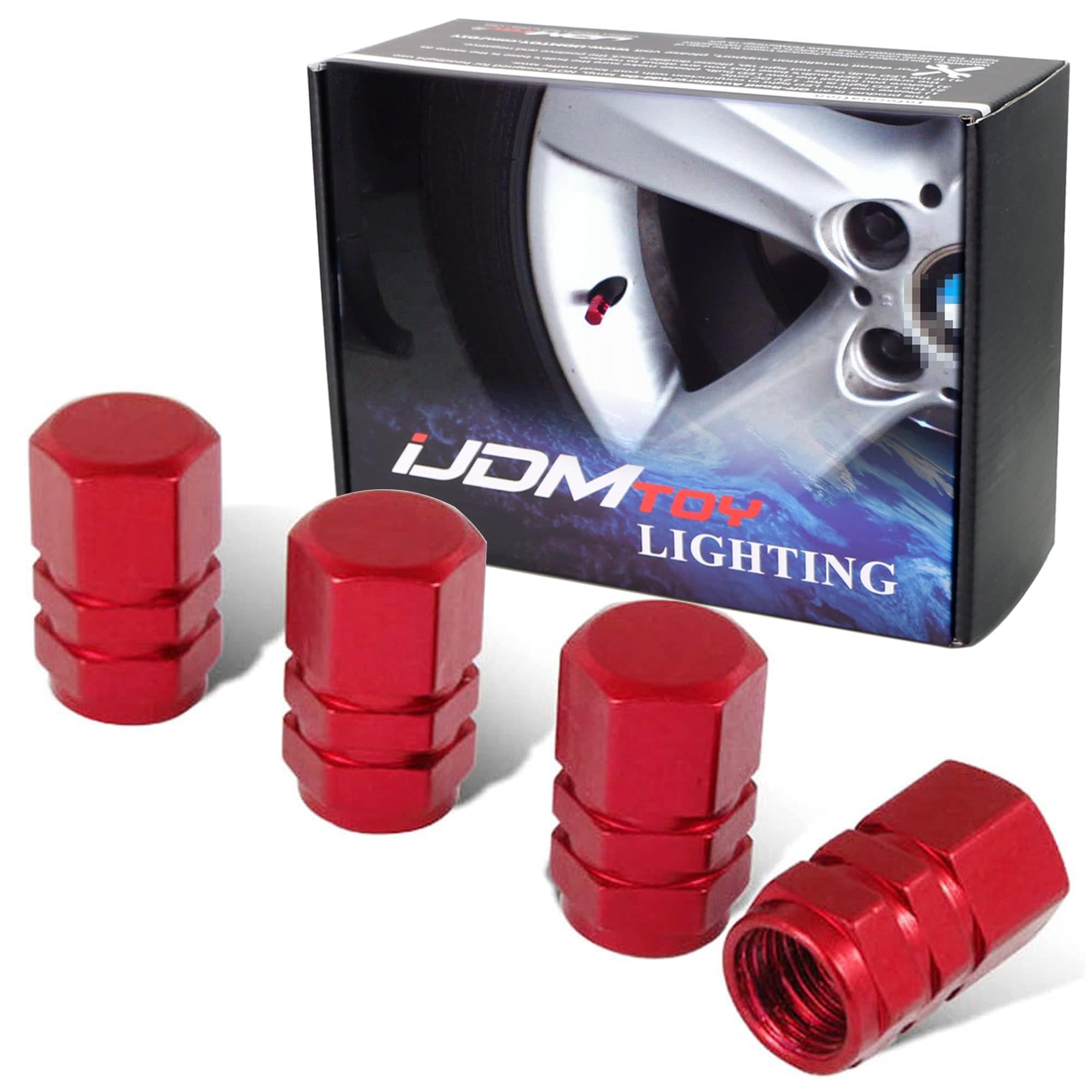 iJDMTOY 4pc Tuner Racing Style Red Aluminum Tire Valve Caps (Hexagon Shape)