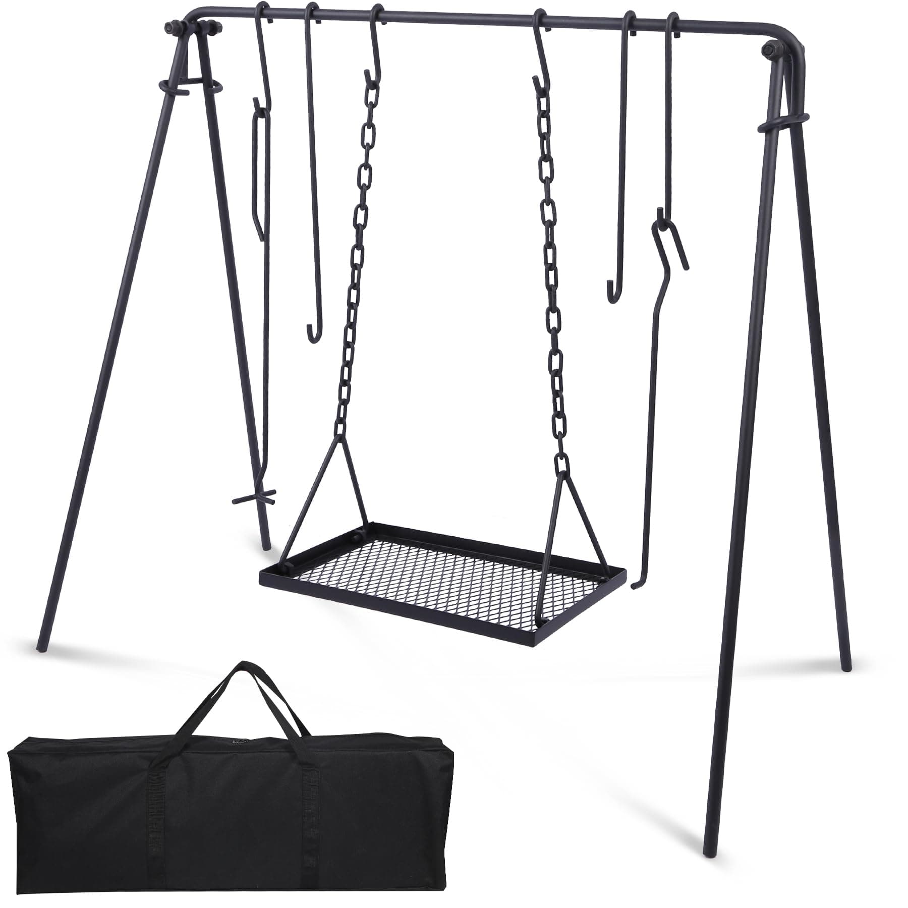 Lineslife Grill Swing Hanging Campfire Cooking Stand with Adjustable Iron Grill Grate, Collapsible Campfire Cooking Rack with Hooks and Accessories for BBQ Picnic, Outdoor Camping Cookware, Dutch Oven