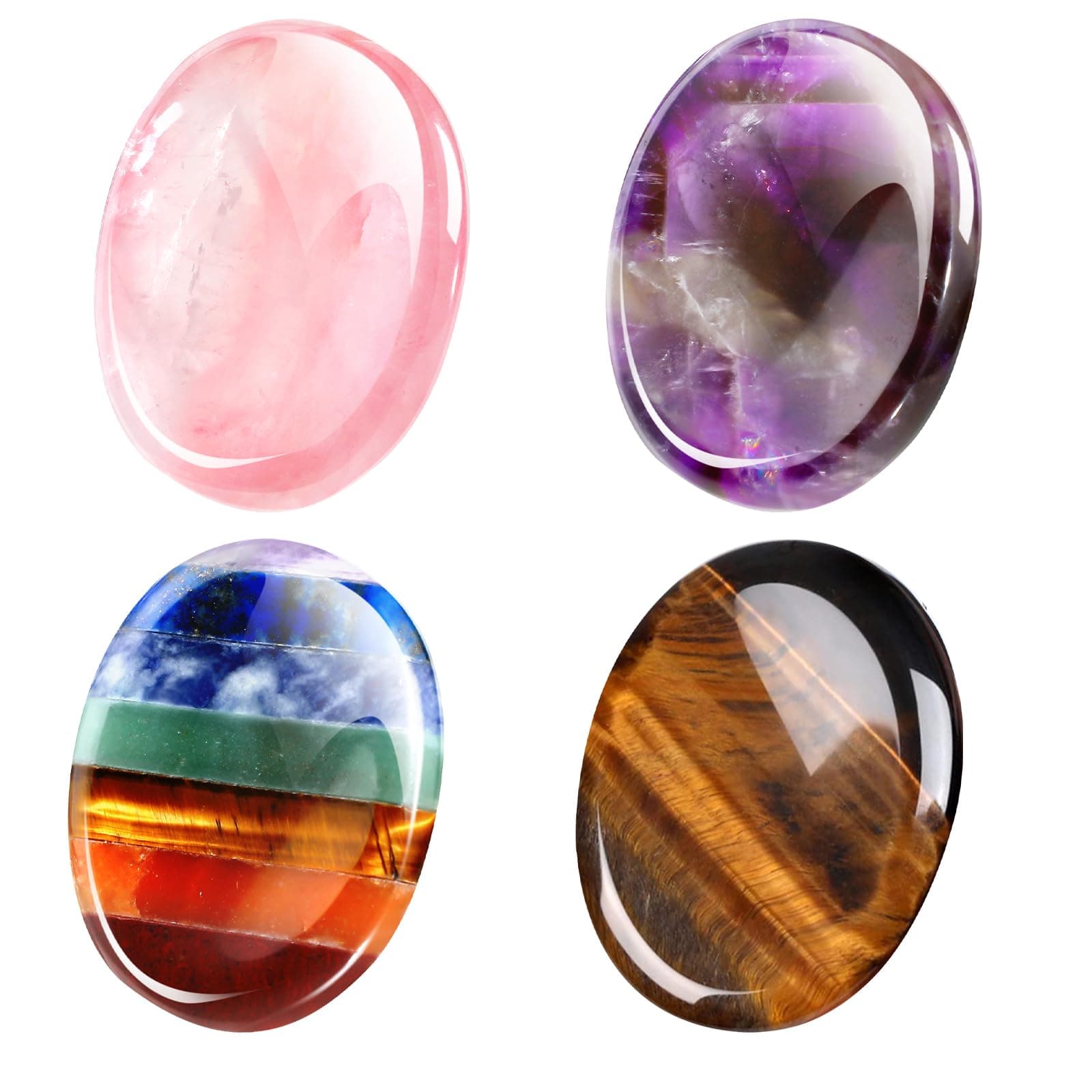 Roowest 4 Pcs Thumb Worry Stone for Anxiety Natural Crystal Healing Stone Chakras Amethyst Tiger Eye Quartz Pocket Hug Gift for Office Stress Meditation(Chromashift,Oval)