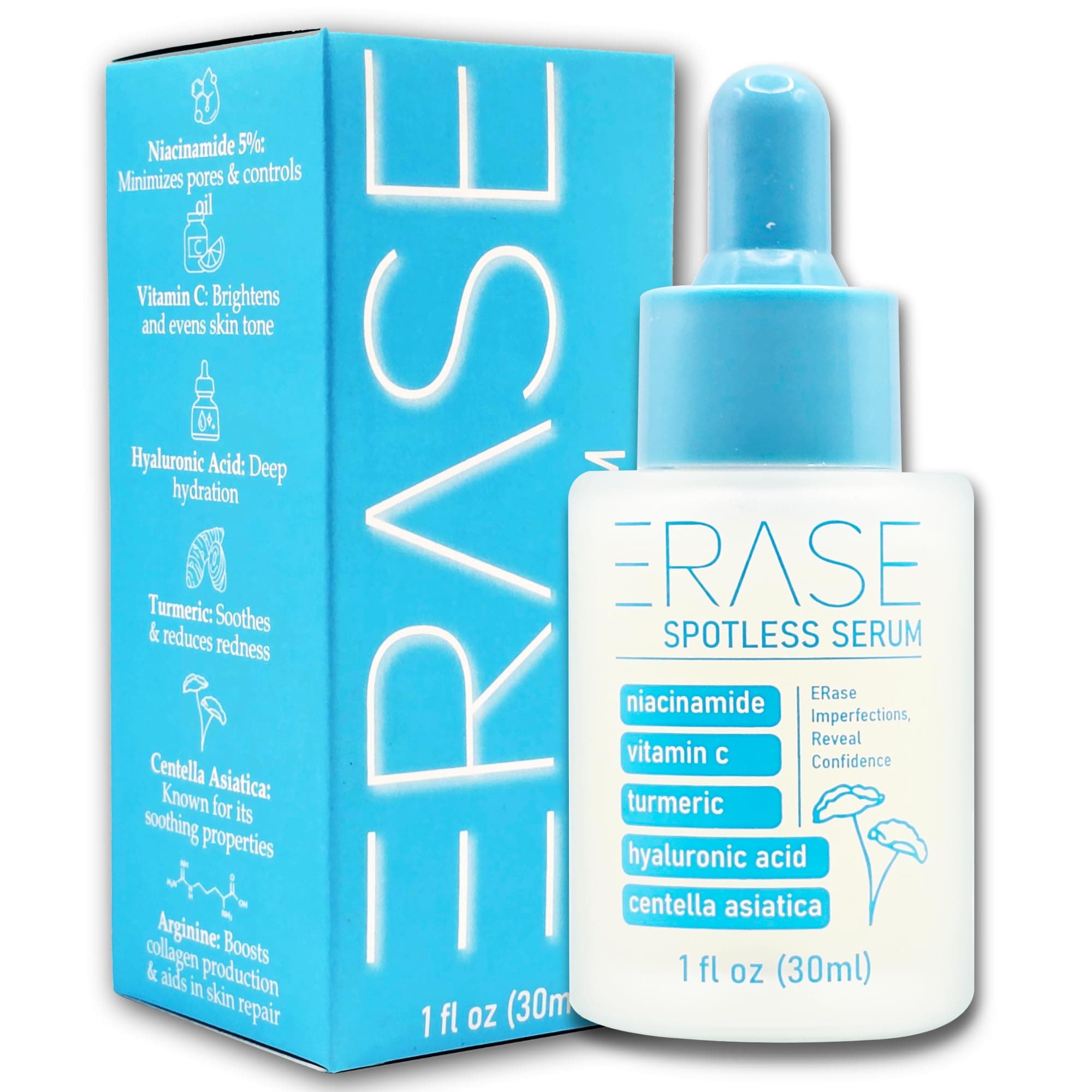 ERase Spotless Serum - Vitamin C Serum for Dark Spots with Niacinamide 5%, Korean Skin Care, Proactive Acne Treatment For Face, Hyaluronic Acid Hydration, Soothing Turmeric & Centella Asiatica, 1fl oz