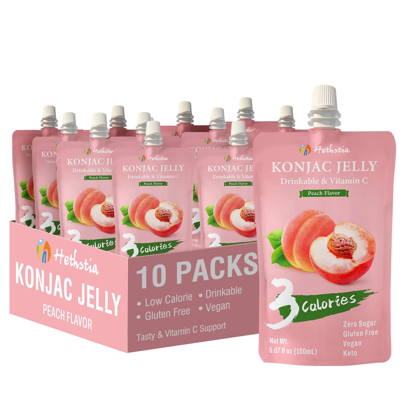 Hethstia Konjac Jelly Peach Flavor Squeeze Pouch, 3 Calories Healthy Drinkable Fruit Sweet Snacks, 10 Packs, 0 Sugar, Keto, Vegan, Gluten Free, Vitamin C, Holiday Diet Food Gifts