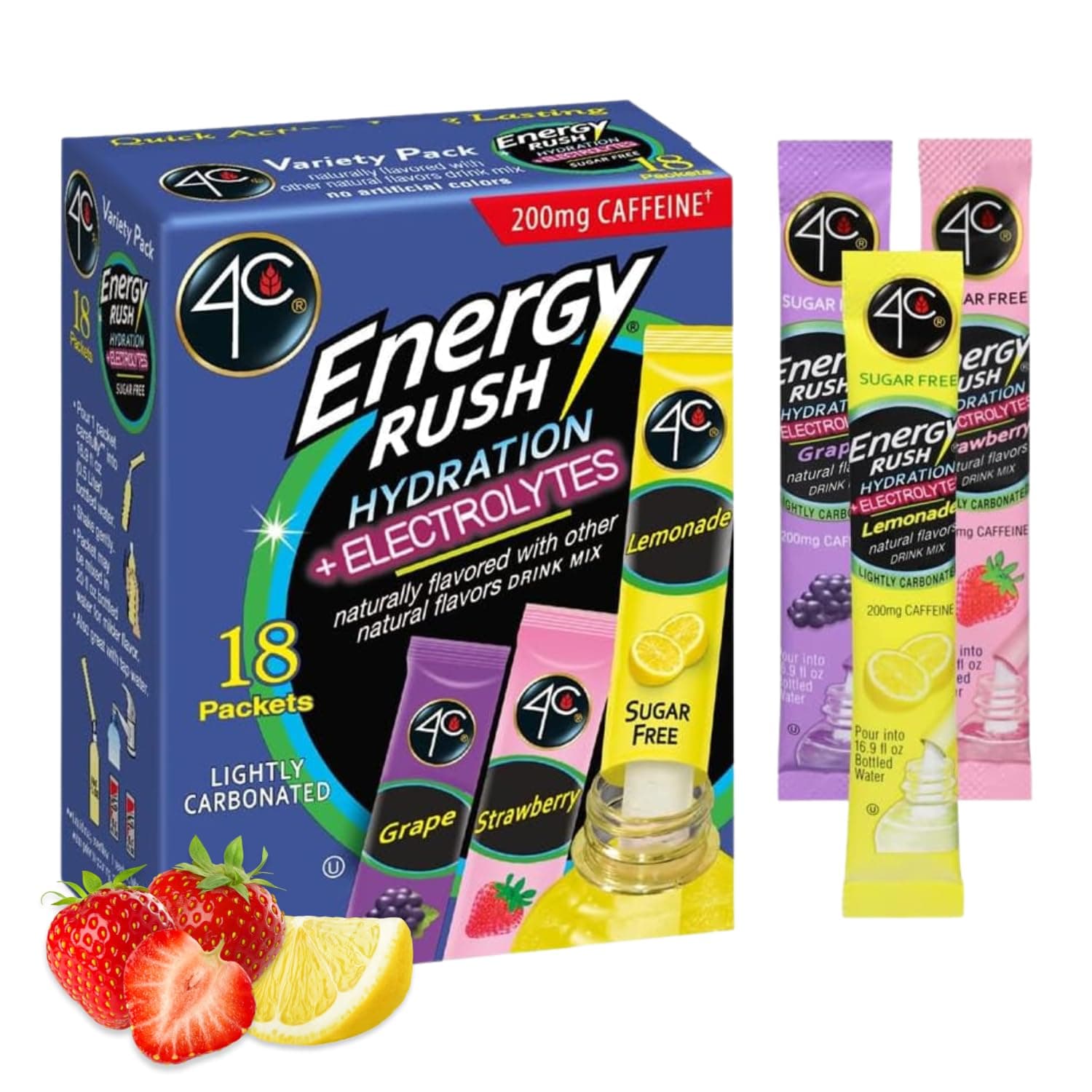 Energy Rush PSD with Electrolytes 18ct Variety Pack Stix (Lemonade/Strawberry/Grape - 6 of each stix)