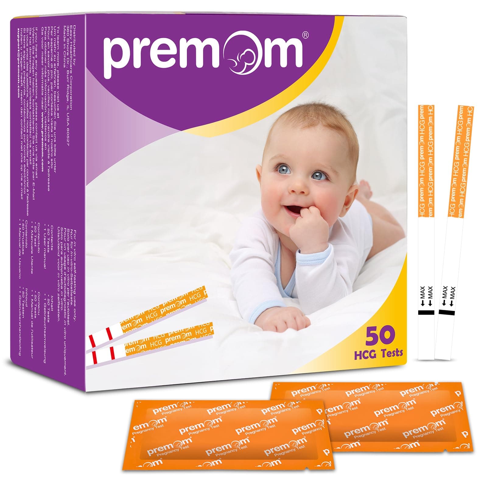 Premom hCG Pregnancy Test Strips: 50 Individually Wrapped Pregnancy Test Kit Powered by Premom Ovulation Predictor | hCG Urine Pregnancy Test Strips in Bulk