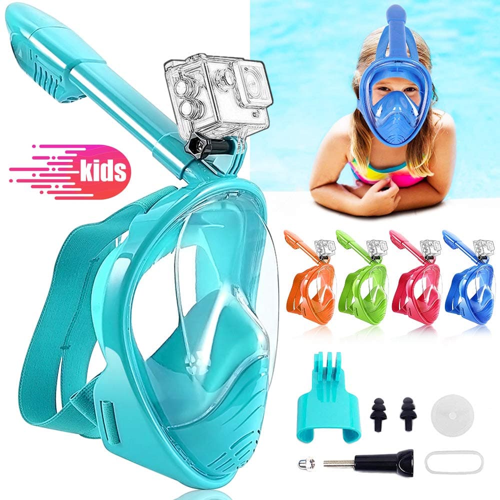 Snorkel Mask Full Face for Kids, Children Diving Mask Swimming Snorkel Equipment, Silicone Seal Anti-fog Anti-leak with 180° View, Detachable Mount, Adjustable Head Straps (sky blue)