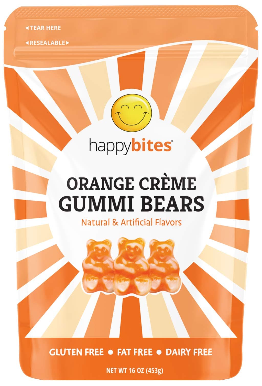 Happy Bites Orange Creme Gummi Bears - Gluten Free, Fat Free, Dairy Free - Resealable Pouch (1 Pound)
