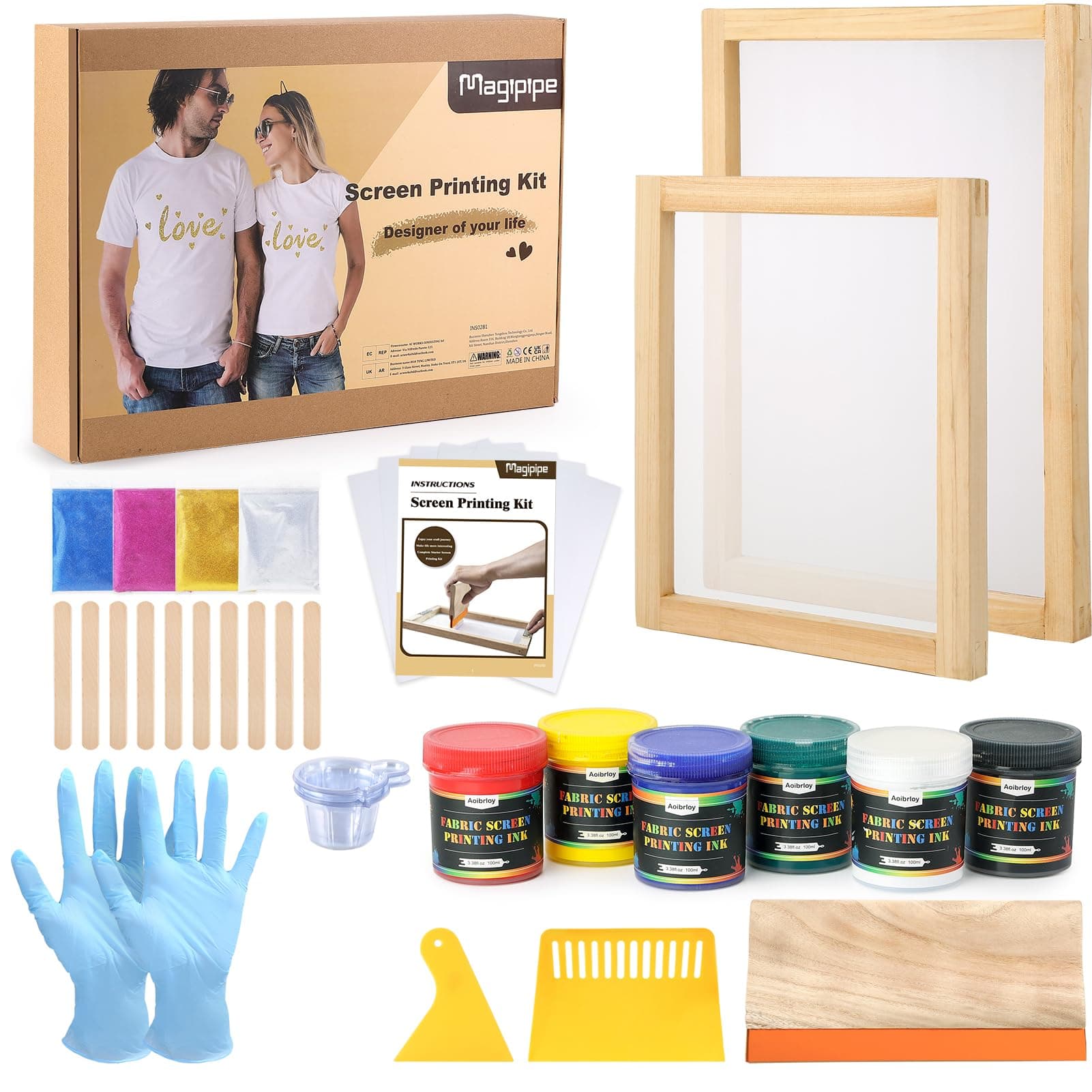 Magipipe 43 Pieces Screen Printing Kit with 6 Fabric Screen Printing Ink, Wood Screen Printing Frames, Screen Printing Squeegee, Inkjet Transparency Film