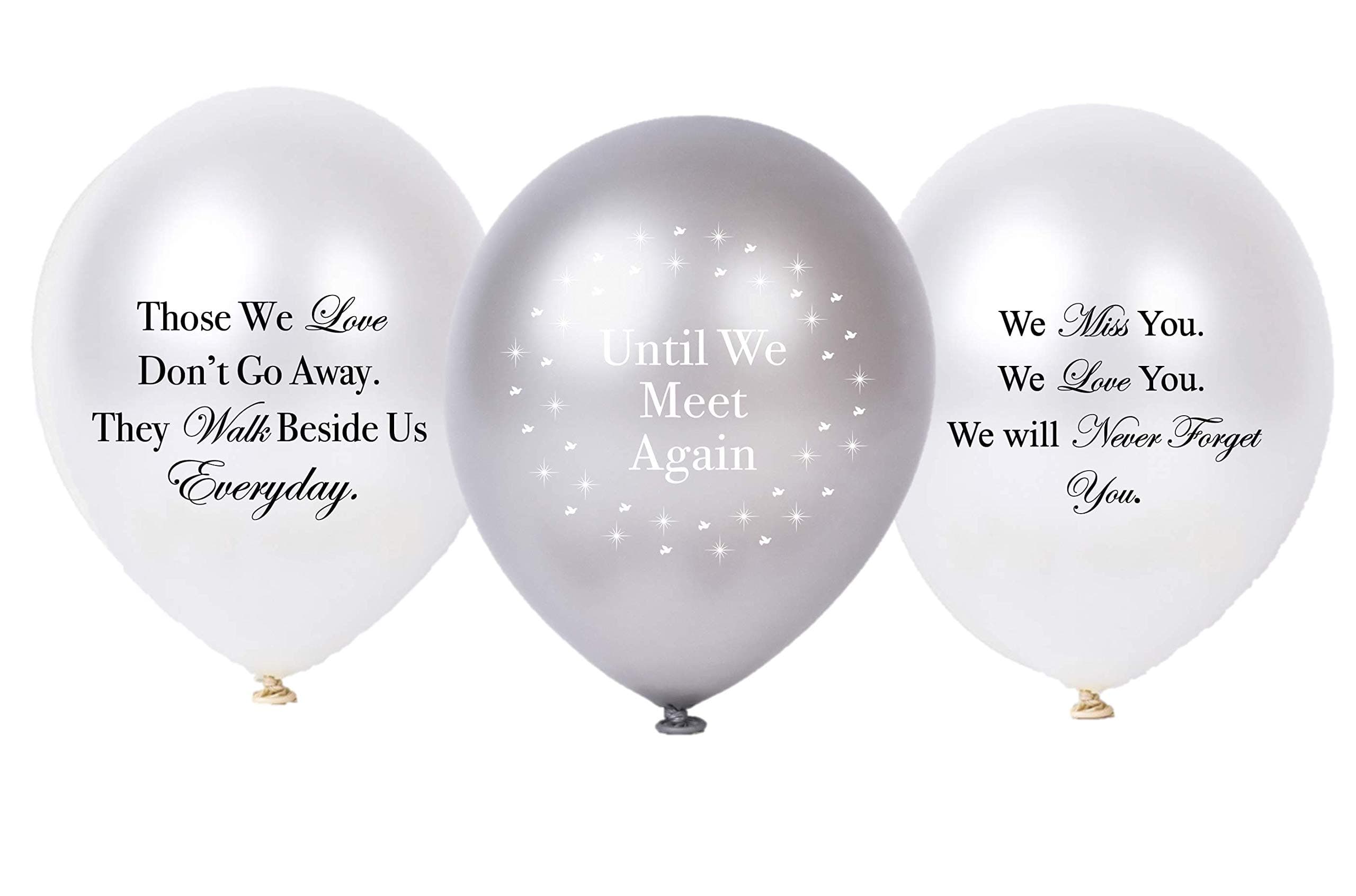 30PC Biodegradable Remembrance Balloons: White & Silver Personalizable Funeral Balloons for Balloon Releases & Sympathy Gifts | Created/Sold by AMERIBA, a USA company (Variety Pk White, Black Writing)