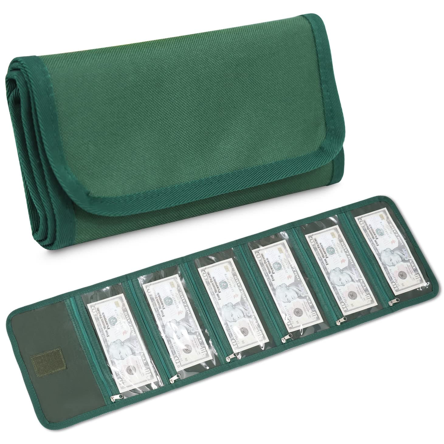 Money Wallet Money Organizer for Cash with 6 Zippered Pockets Multi Pack Cash Bill Organizer Envelope Wallet Money Bag Small Travel Money Holder for Budget/Receipt/Coupons/Tips, Green, 4.25x8 inches,