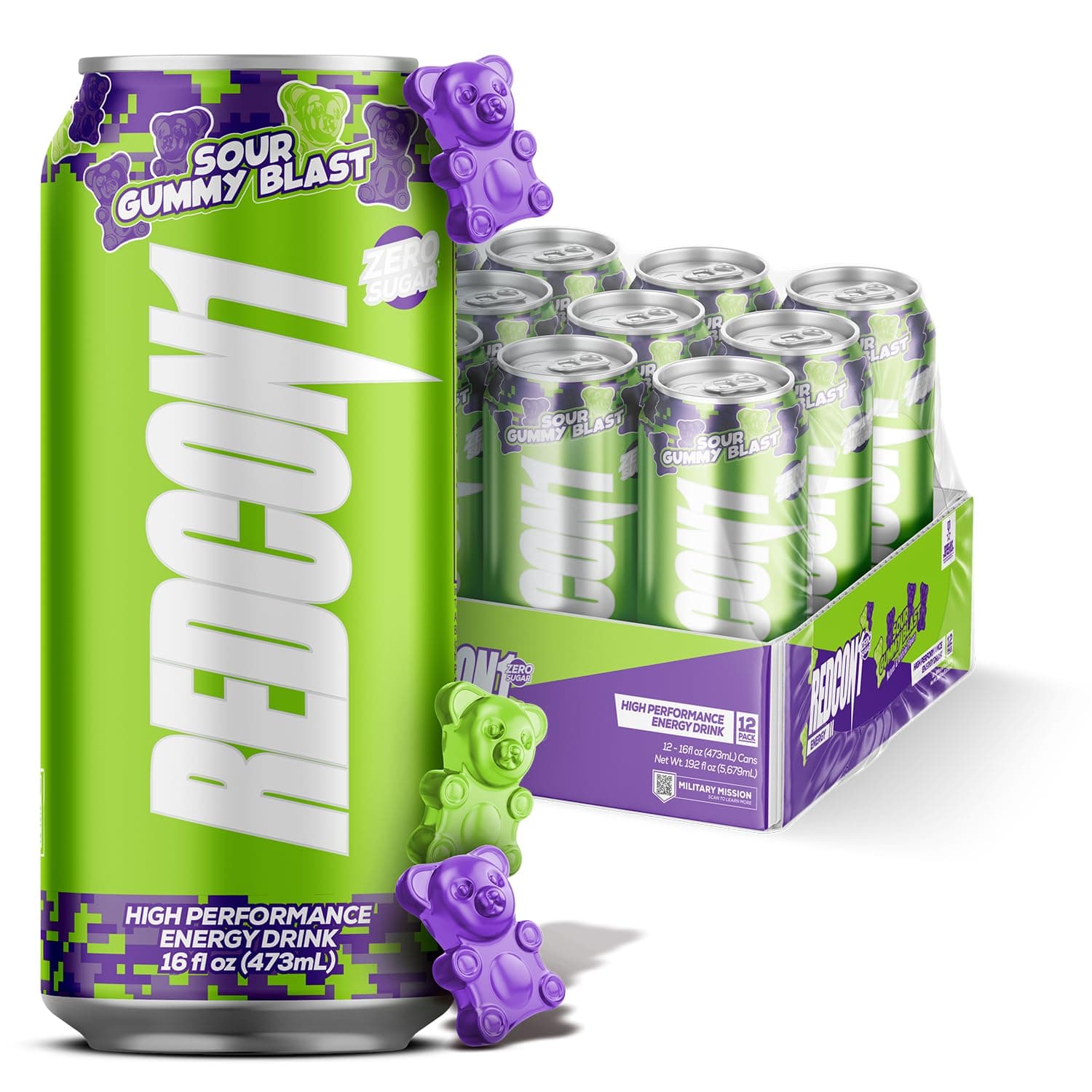 Energy High Performance Drink, Sour Gummy Blast - Zero Sugar Energy Drink with Alpha GPC Nootropic - 200mg Natural Caffeine from Green Coffee Beans - Vitamin B6, B12 & B5 to Boost Mood (12 ct)