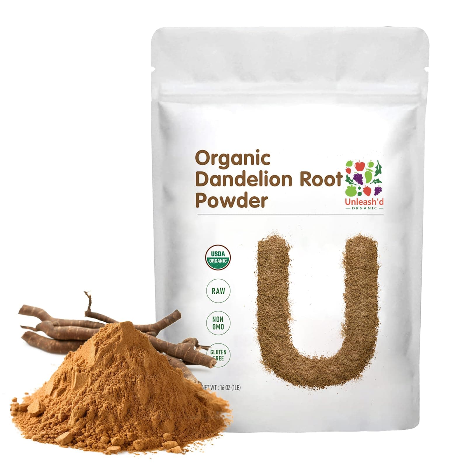 UNLEASH'D ORGANIC Dandelion Root Powder 1 Pound for Tea and Beverages, Vegan Friendly, Detoxify and Support Digestive Health