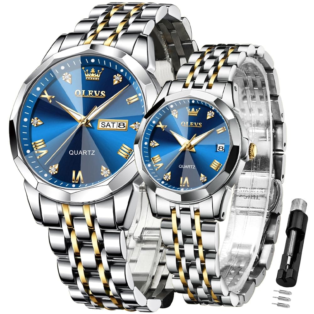Valentines Couple Pair Quartz Watches Luminous Calendar Date Window 3ATM Waterproof, Casual Stainless Steel His and Hers Wristwatch for Men Women Lovers Wedding Romantic Gifts Set of 2