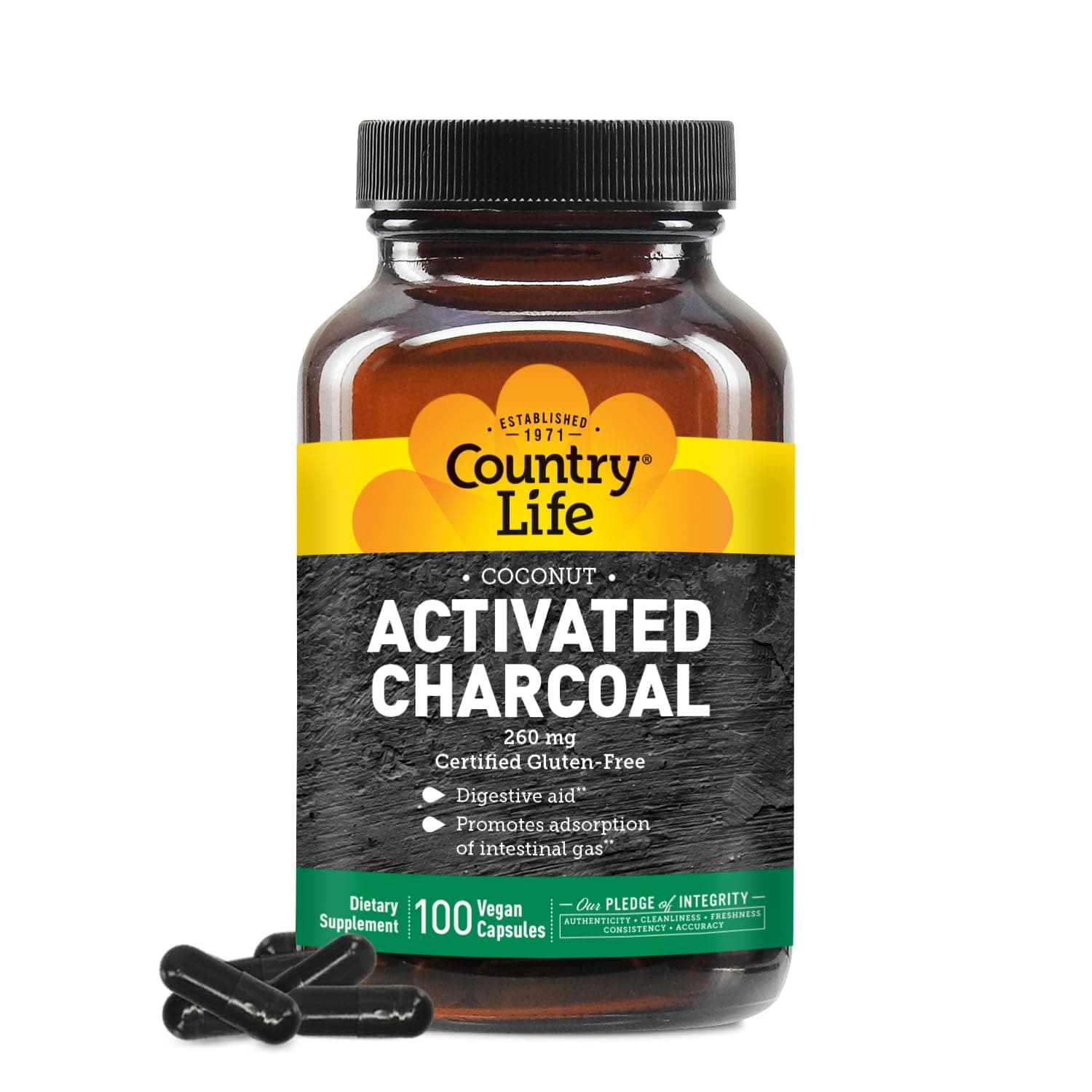 Country Life - Coconut Activated Charcoal, 260 mg - 100 Vegan Capsules