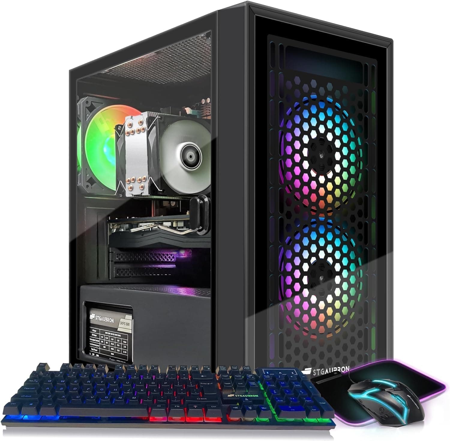 STGAubron Gaming PC Computer Desktop, Intel i7 Xeon E5 2.8G, Radeon RX 580 8G, 16G DDR4, 512G SSD, 600M WiFi, BT 5.0, RGB Fan x3, Windows 11 Home