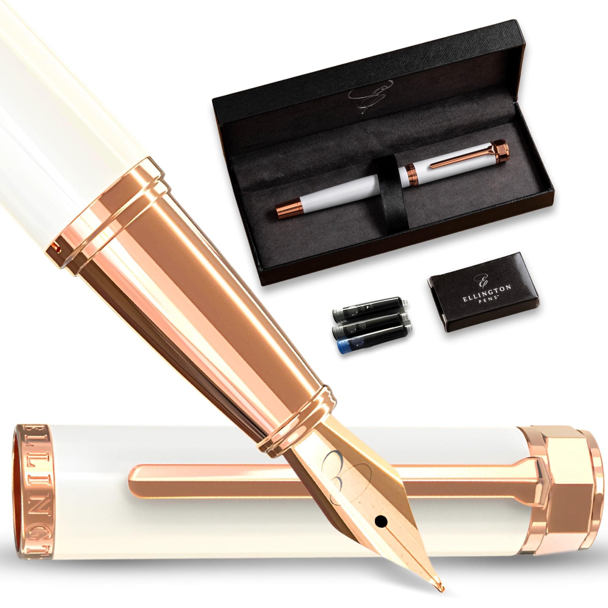 Ellington Pens Luxury Fountain Pen Set - Smooth Medium Nib - Includes 3 Ink Cartridges, Refillable Ink Converter, Gift Box - Fountain Pens For Writing, Calligraphy, Journaling, Sketching (Alpine Rose)