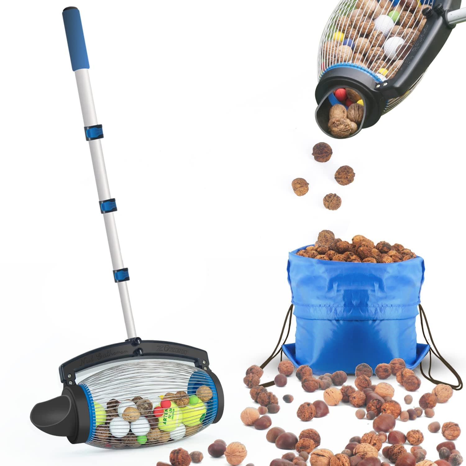 zozenNut Gatherer, Walnut Picker Upper Roller, Pinecone Picker Upper - Directly Dump Outlet | Apply to Pinecone, Hickory, Chestnuts, Buckeyes, Golf, Crab Apple Objects Size 1'' to 2.5''; 1.5 Gallon