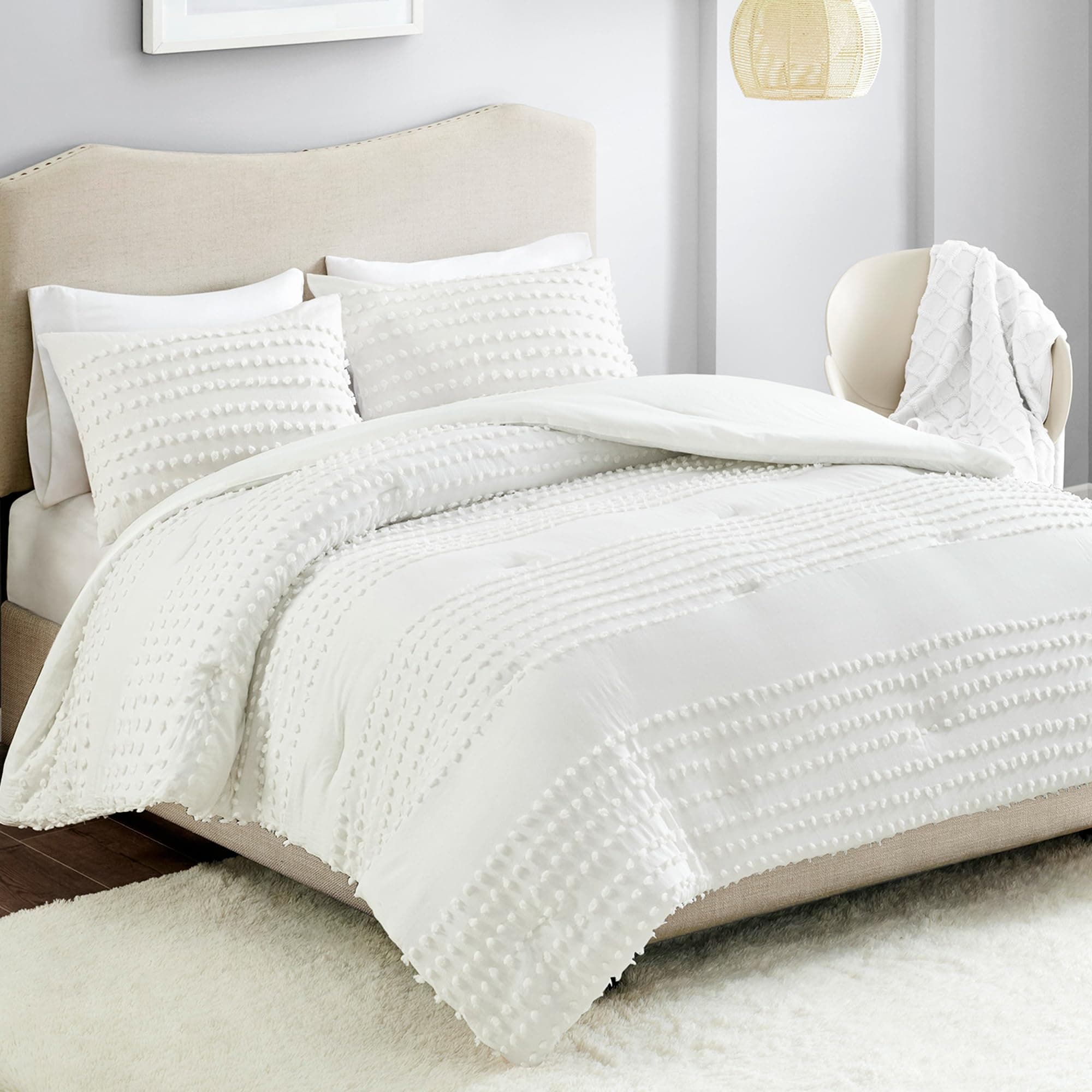 Comfort Spaces Cotton Comforter Set Jacquard Pom-Pom Tufts Design, Down Alternative, All Season Modern Bedding, Matching Shams, Twin/Twin XL, Phillips, Ivory