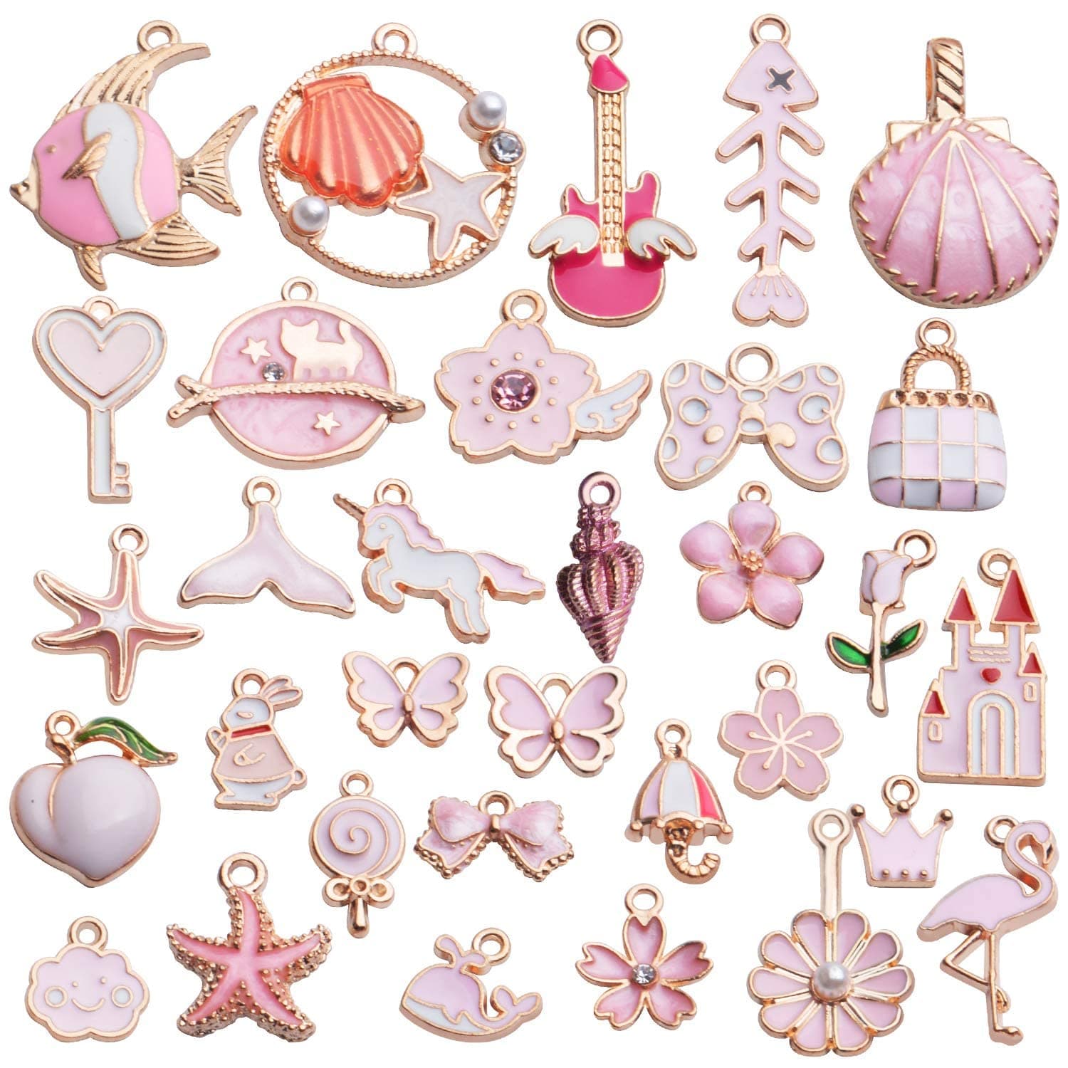 Street27® 1 Set 31pcs DIY Mixed Assorted Gold Plated Enamel Charm Unicorn Flower Dress Fish Shell Moon Star Animals Pendant DIY for Necklace Bracelet Jewelry Making and Crafting Charms, 0.32" - 1.06"