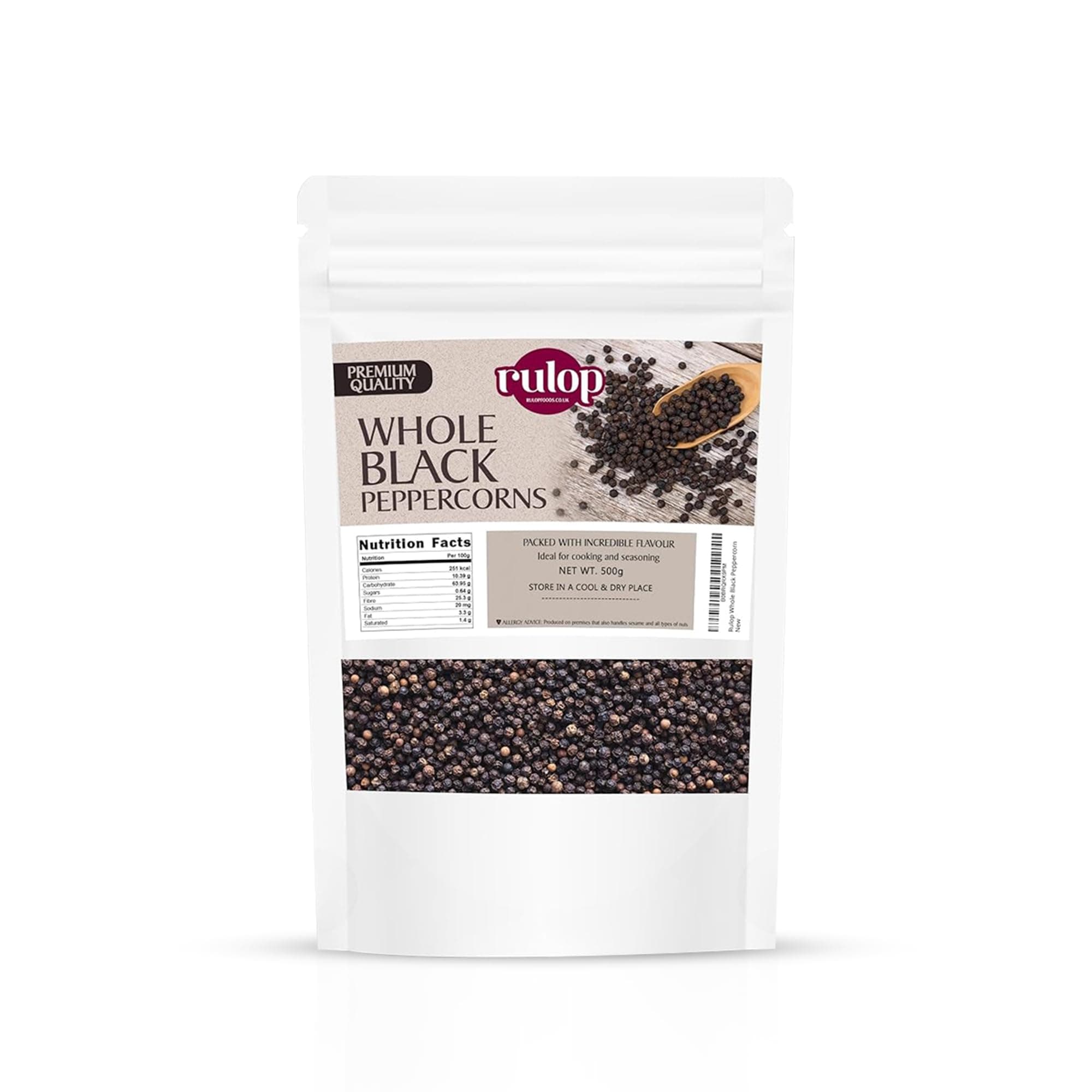 Rulop Black Peppercorn 500g - Gourmet Peppercorn - Black Peppercorns for Grinders, Packed in Resealable Pouch to Maintain Freshness